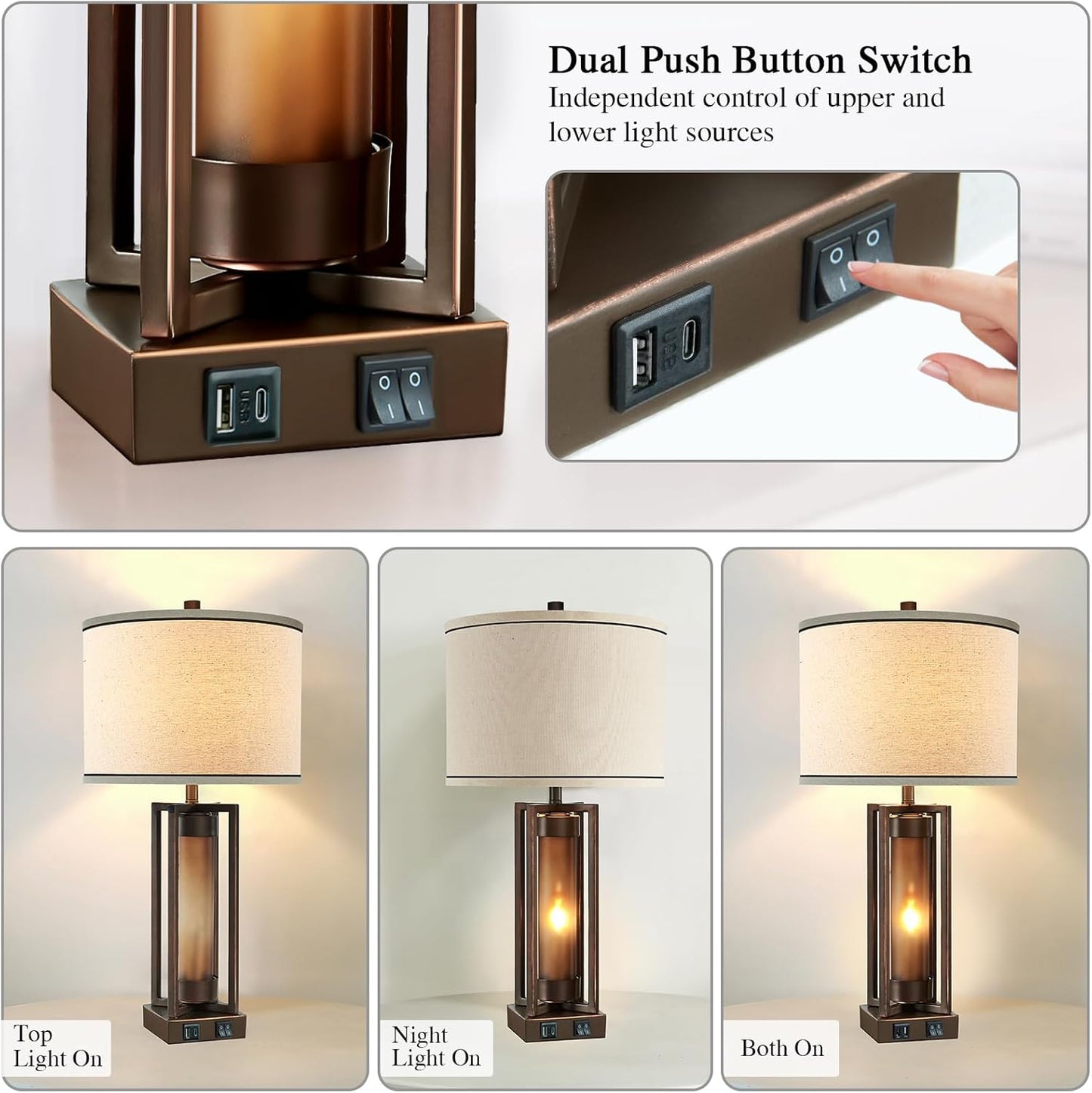RORIANO Rustic Table Lamps for Living Room with USB C+A Ports, Farmhouse Vintage Nightstand Lamp with Amber Acrylic Night Light, Retro Desk Lamp for Bedroom Entryway Dorm, 2 Bulbs Included (Brown)