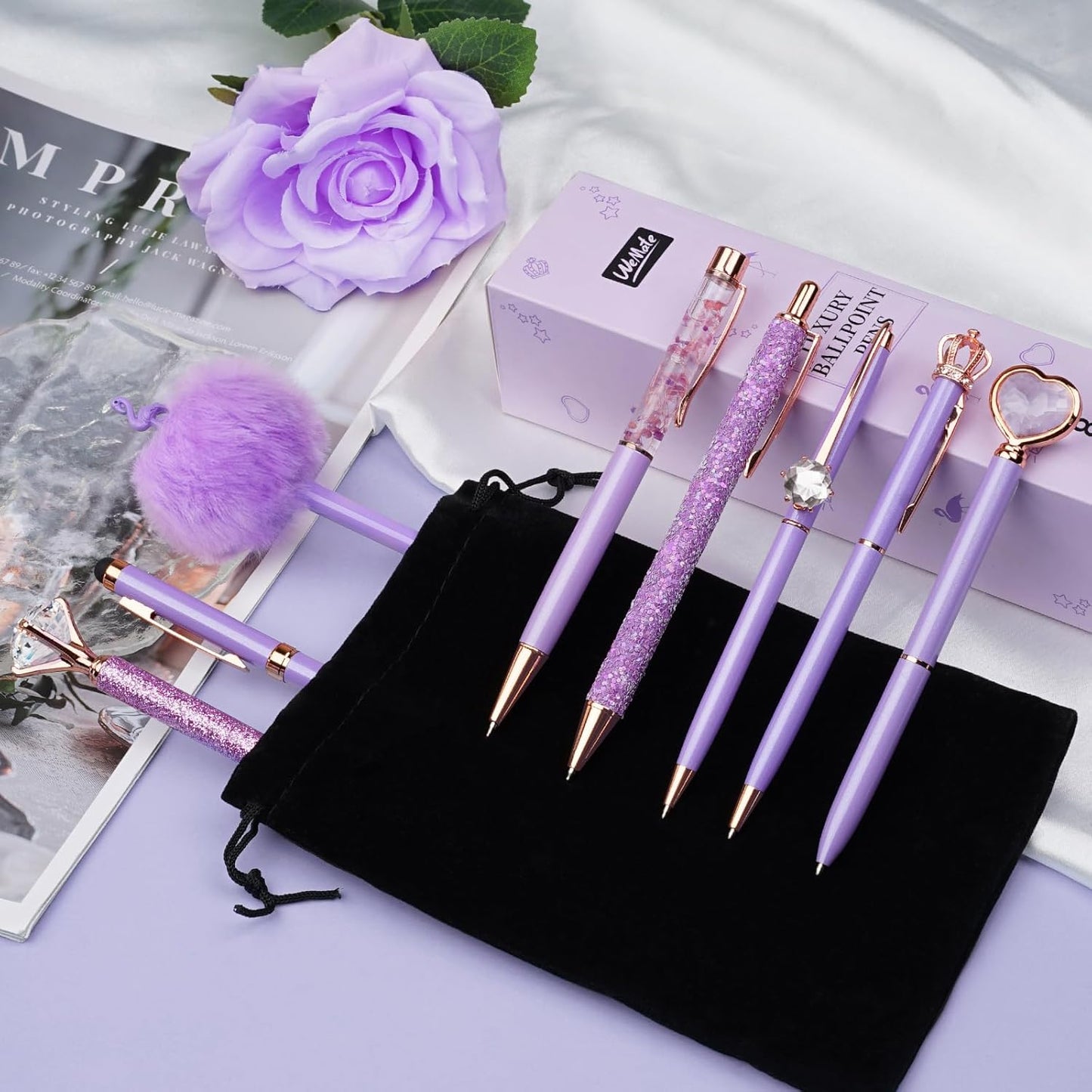 WEMATE 8Pcs Purple Pens, Metal Crystal Diamond Pen with Black & Blue Ink, Pens for Journaling, Office Supplies Fancy Pens for Women, Back to School Supplies for Girls Birthday (Purple)