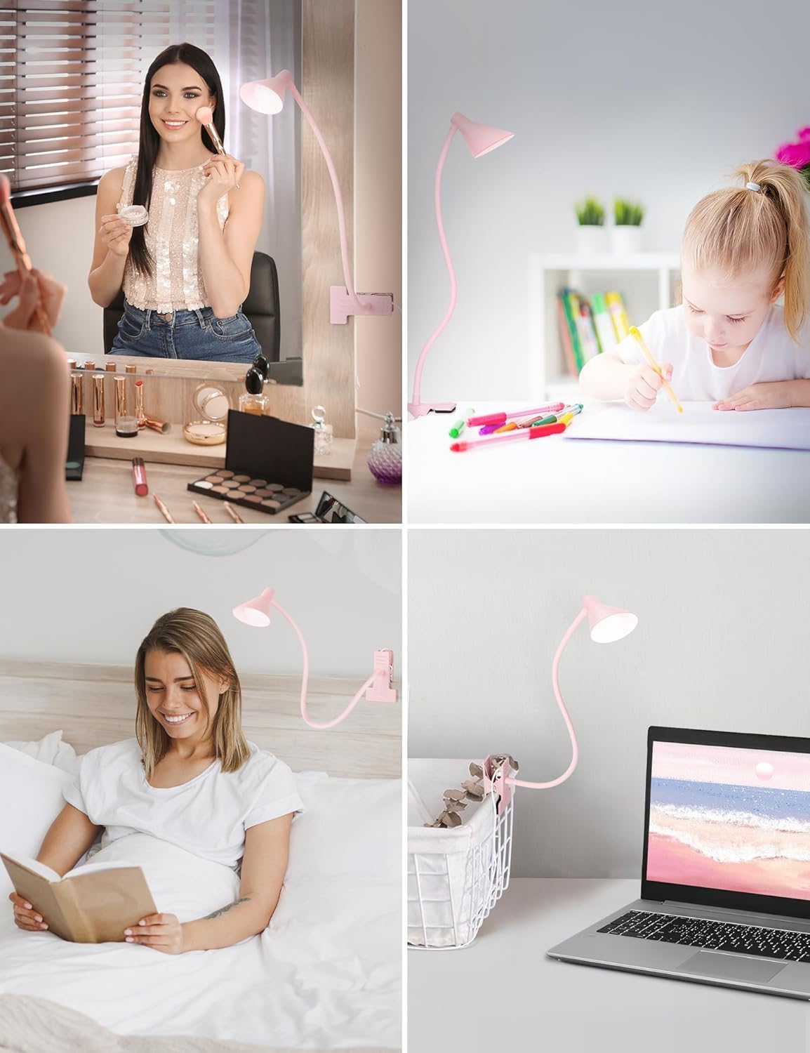 Clip on Light, Eye Care Reading Lights for Books in Bed 3 Color Modes & 10 Brightness Clip on Lamp Reading Book in Bed with Auto Timer, Reading Light for Bed Headboard Desk Bedside Dorm - Pink