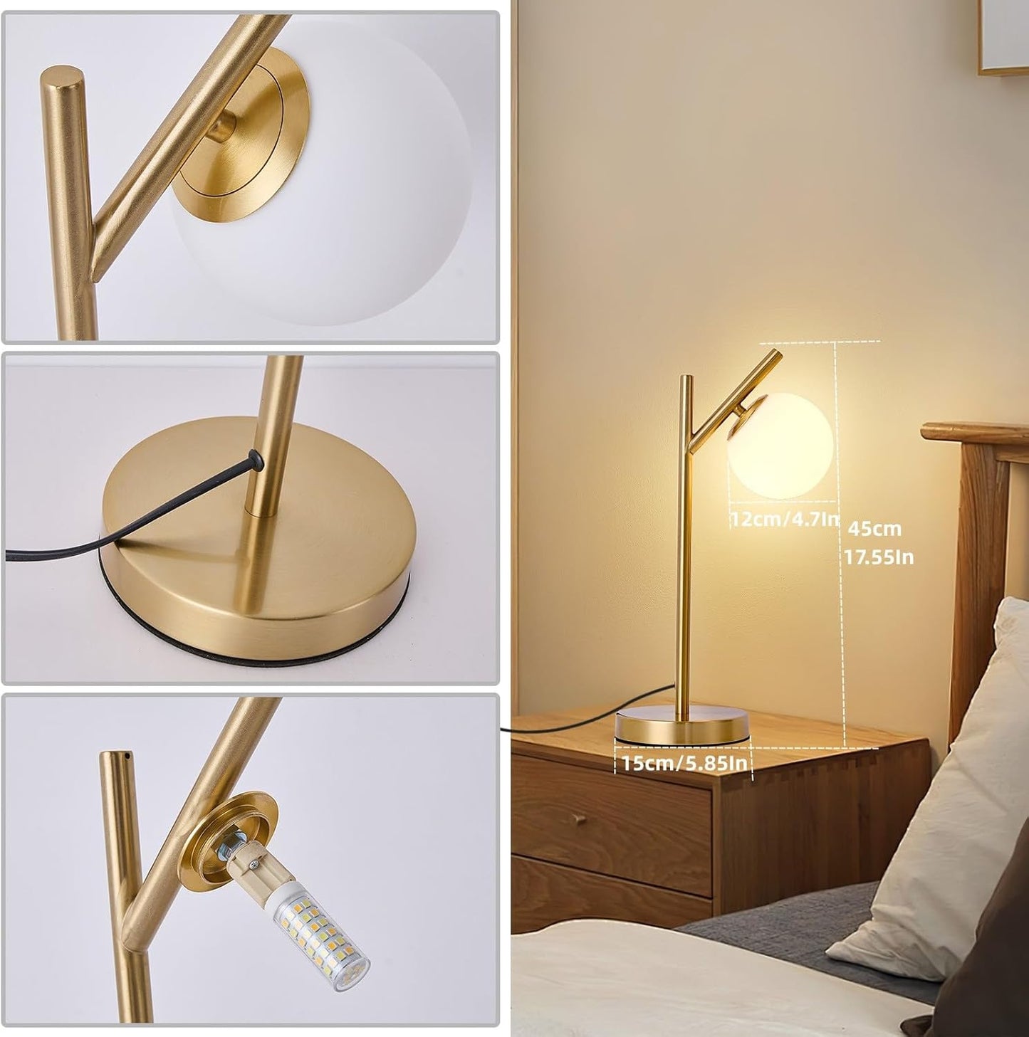 Mid Century Modern Globe Table Lamp, White Glass Shade Bedside Lamp - Eye-Caring Night Light for Bedroom, Living Room, Study Room