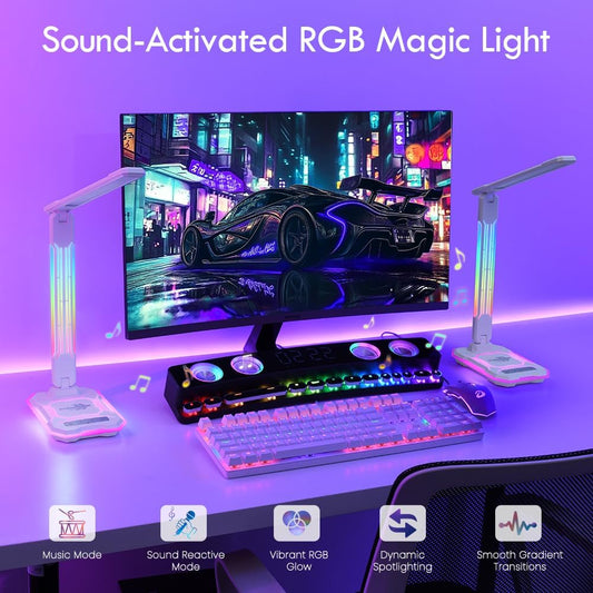 WILIT Desk Lamp for College Dorm Room, RGB Gaming Desk Light with Wireless Charging & USB Port, Gamer lamp Sound Reactive,3 Color Modes 5 Brightness,Reading Lamp Touch Control for Home Office,Study
