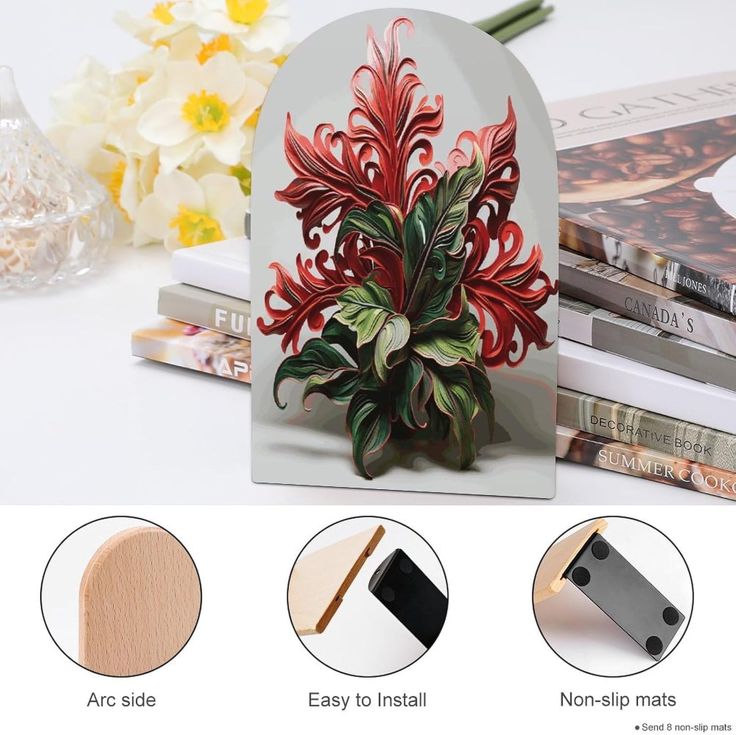 Red and Green Flowers Wooden Bookend Non-Slip Book Ends Heavy Duty Book Stopper with Metal Base Books Holderd Decorative Bookends Stands Firmly for Office Supplies