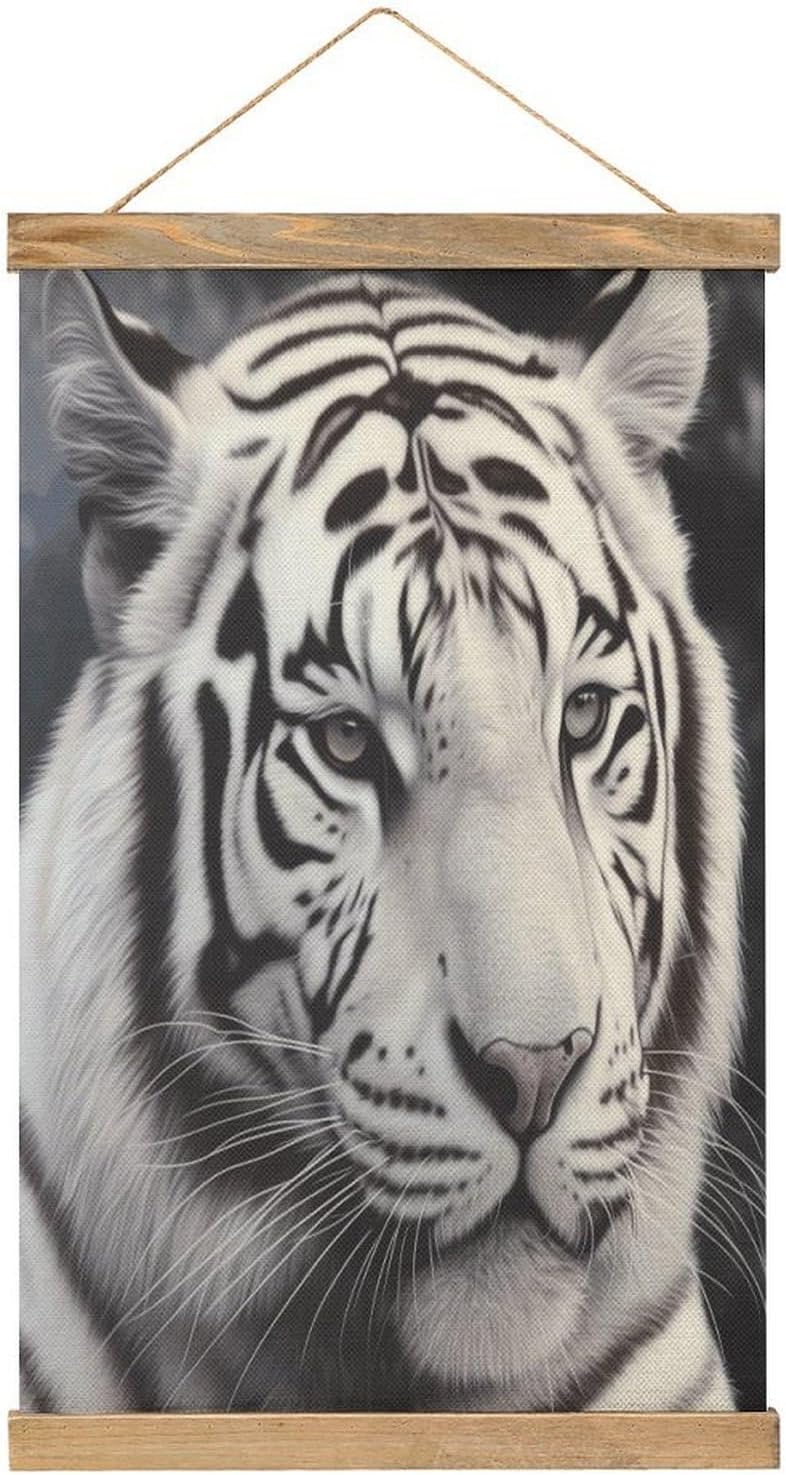 Vintage White Tiger Poster with Wooden Frame Personalized Linen Hanging Scroll Painting Rustic Wall Hanging Illustrative Modern Artwork Decor for Home Living Room Bedroom Office