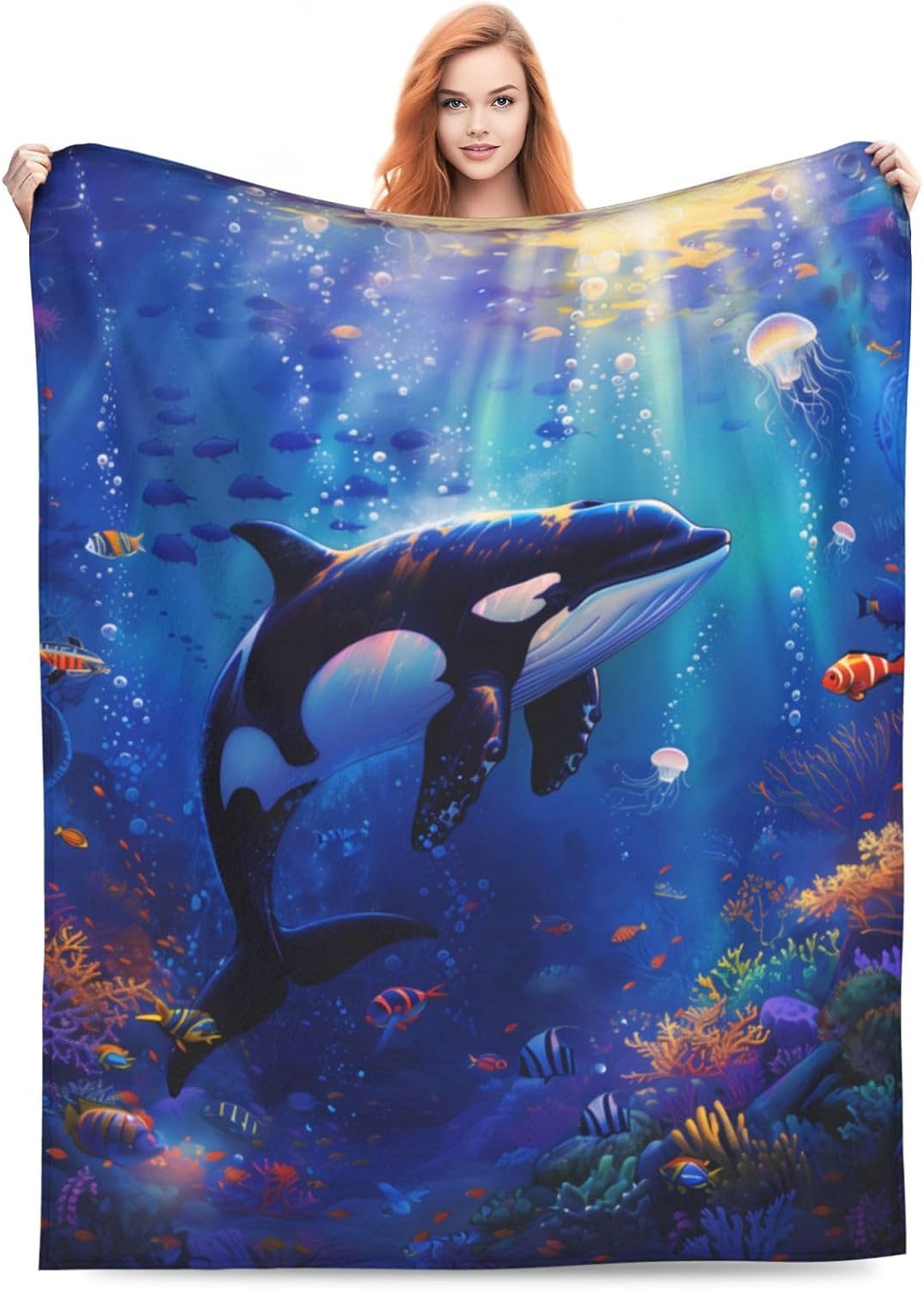 Orca Blanket Gifts for Kids Adults, Flannel Killer Whales Throw Blankets for Bed Living Room Sofa Couch Traveling Camping, Soft Warm Lightweight Plush Fish Ocean Orca Decor 50x60in