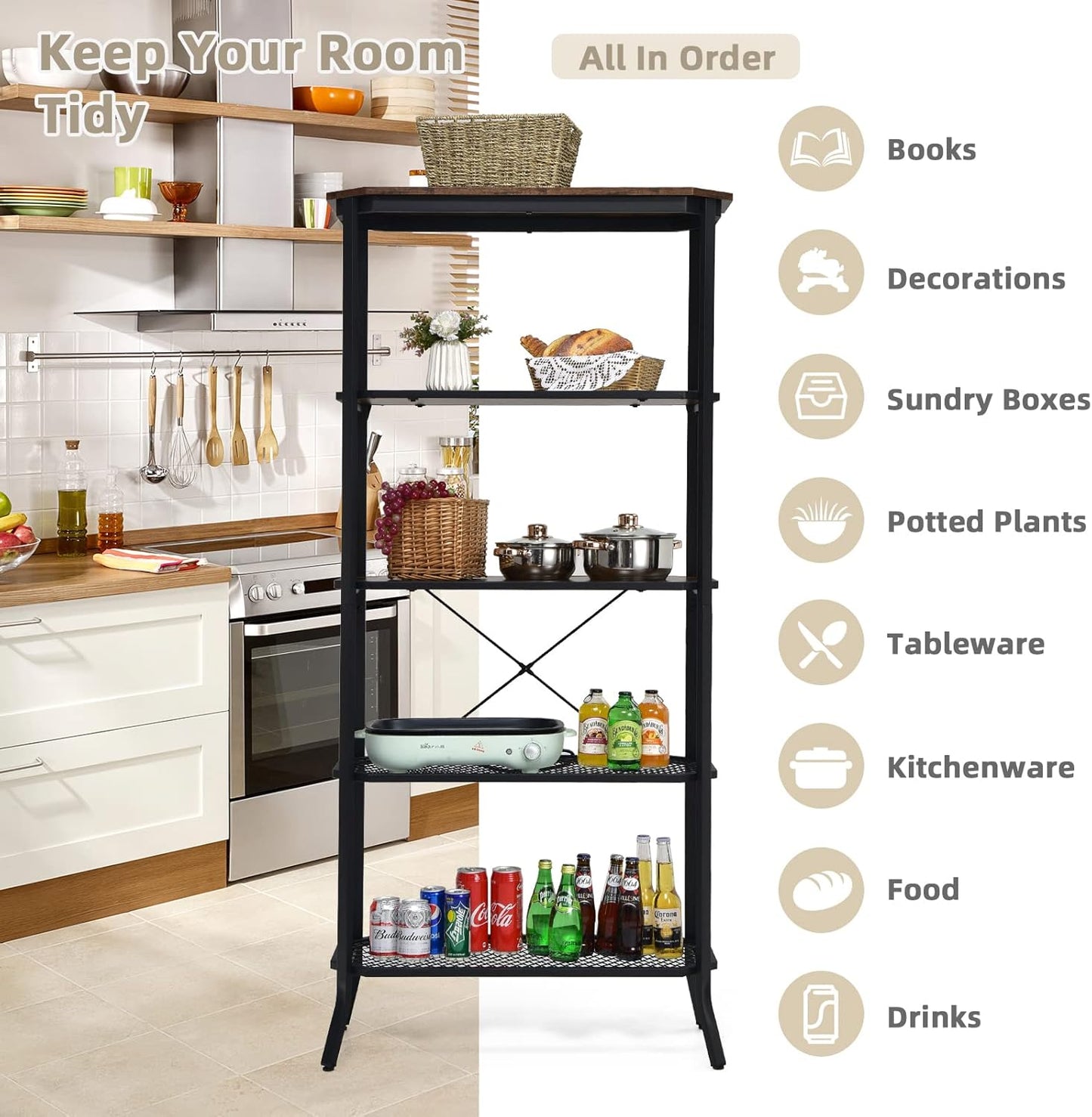 Tangkula 5 Tier Bookshelf, Freestanding Storage Shelving Unit with Steel Frame and Out-Stretched Legs, Industrial Open Display Shelf Plant Stand Organizer for Living Room Home Office