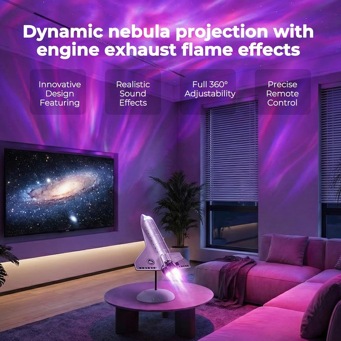 Space Shuttle Projector Lamp, Dynamic Nebula Light, Galaxy Night Light with Colorful Tail Jet Flame & Multiple Scene Sound Effects, Metallic Texture for Bedroom, Birthday Kids and Adults