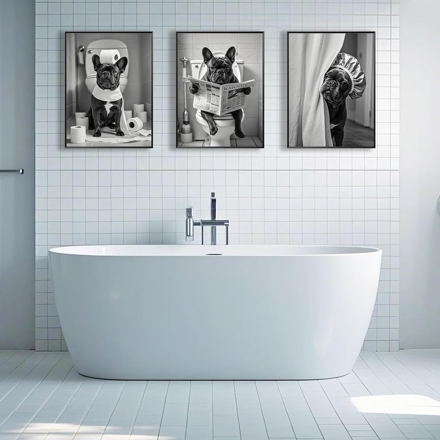 3Pcs Black and White Bathroom Wall Art French Bulldog Reading Newspaper Dog on Toilet Canvas Wall Decor Bathroom Pictures Prints Posters Artwork Toilet Restroom Wall Decorations 12x16 Inch Unframed
