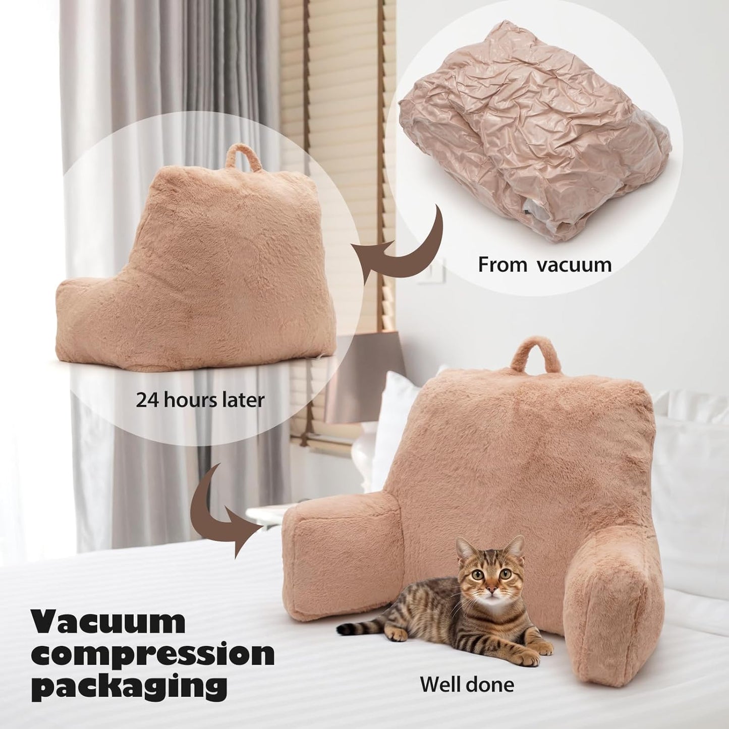 Reading Pillow Large Bed Pillow,Backrest Pillow with Arms, Back Support Pillow for Sitting Up in Bed, Couch for Lounging Bedrest,Camel