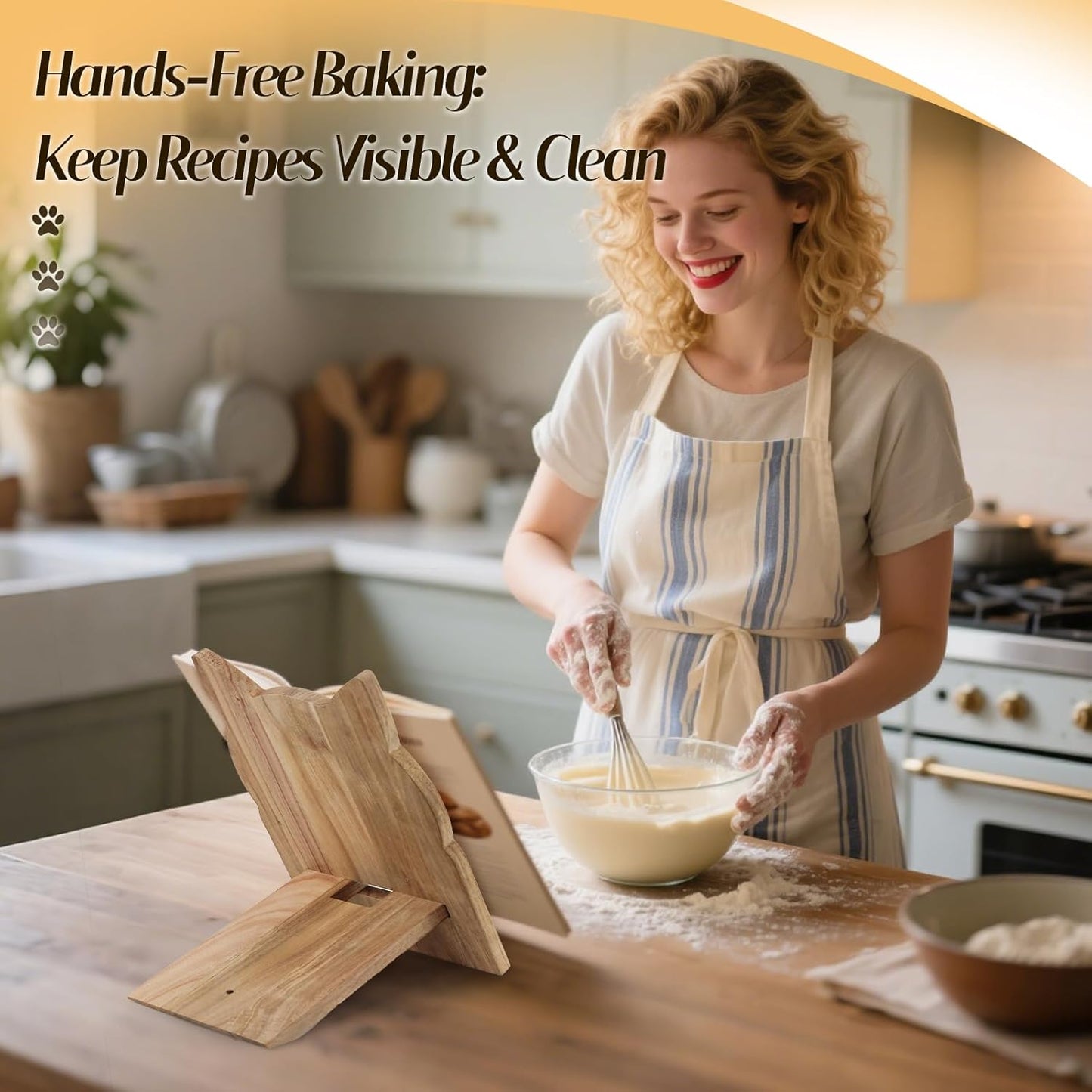 Cat Shaped Wooden Cookbook Stand - Adjustable, Hands-Free Recipe Holder for Kitchen with iPad & Music Rest