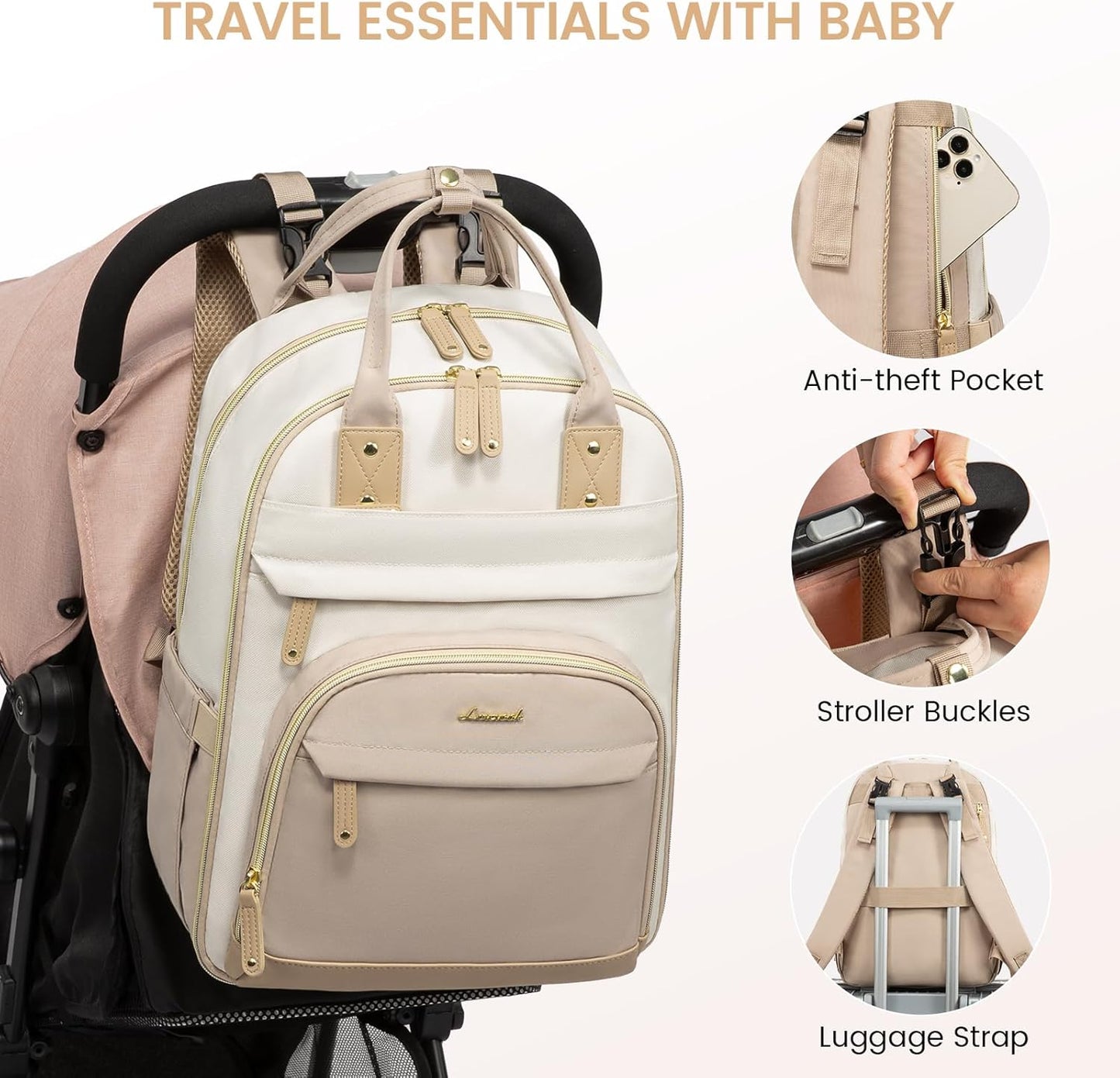 LOVEVOOK Diaper Bag Backpack, Baby Bag with Changing Pad, Large Diaper Backpack Boy Girl, Waterproof Baby Registry Bag for Mom Dad with Stroller Buckles, Beige-khaki