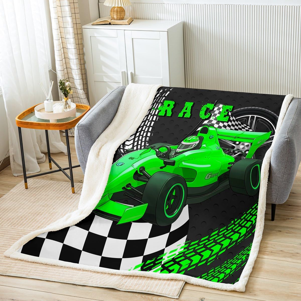 Go Kart Throw Blanket Boys Race Car Blanket,Black and White Checked Plaid Green Drift Kart Fleece Blanket 60"x80",Square Grid Plaid Lattice Bed Blanket Racing Karting Extreme Sport Sofa Decor