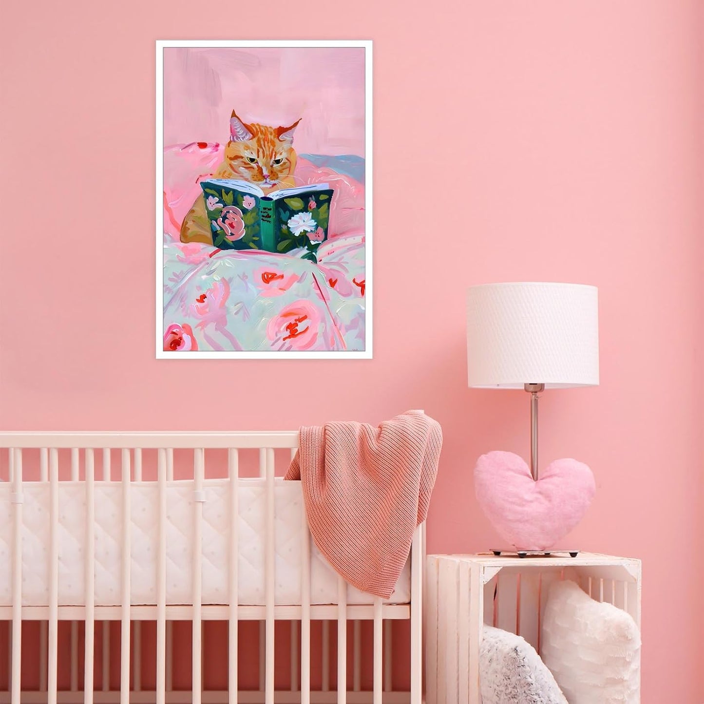 Trendy Orange Cat Posters Cute Minimalist Pink Flowers Pet Canvas Wall Art Funky Funny Animal Cat Is Reading Prints Painting For Home Bedroom Dorm Living Room Wall Decor 8x10 in Unframed