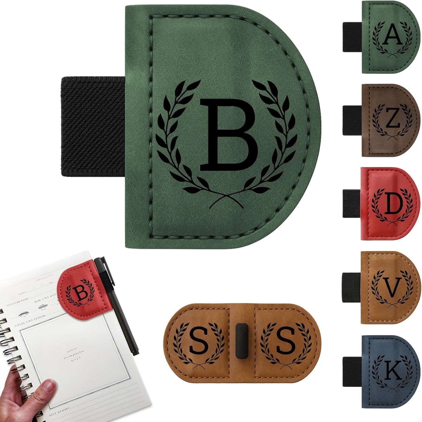 Bygone Mark Bookmark with Pen Holder, 26 Name Initial Letters, 5 Retro Colors, Personalized Magnetic Leather Bookmarks Gift for Women and Men Book Lovers, Students, Teachers (Green, B)
