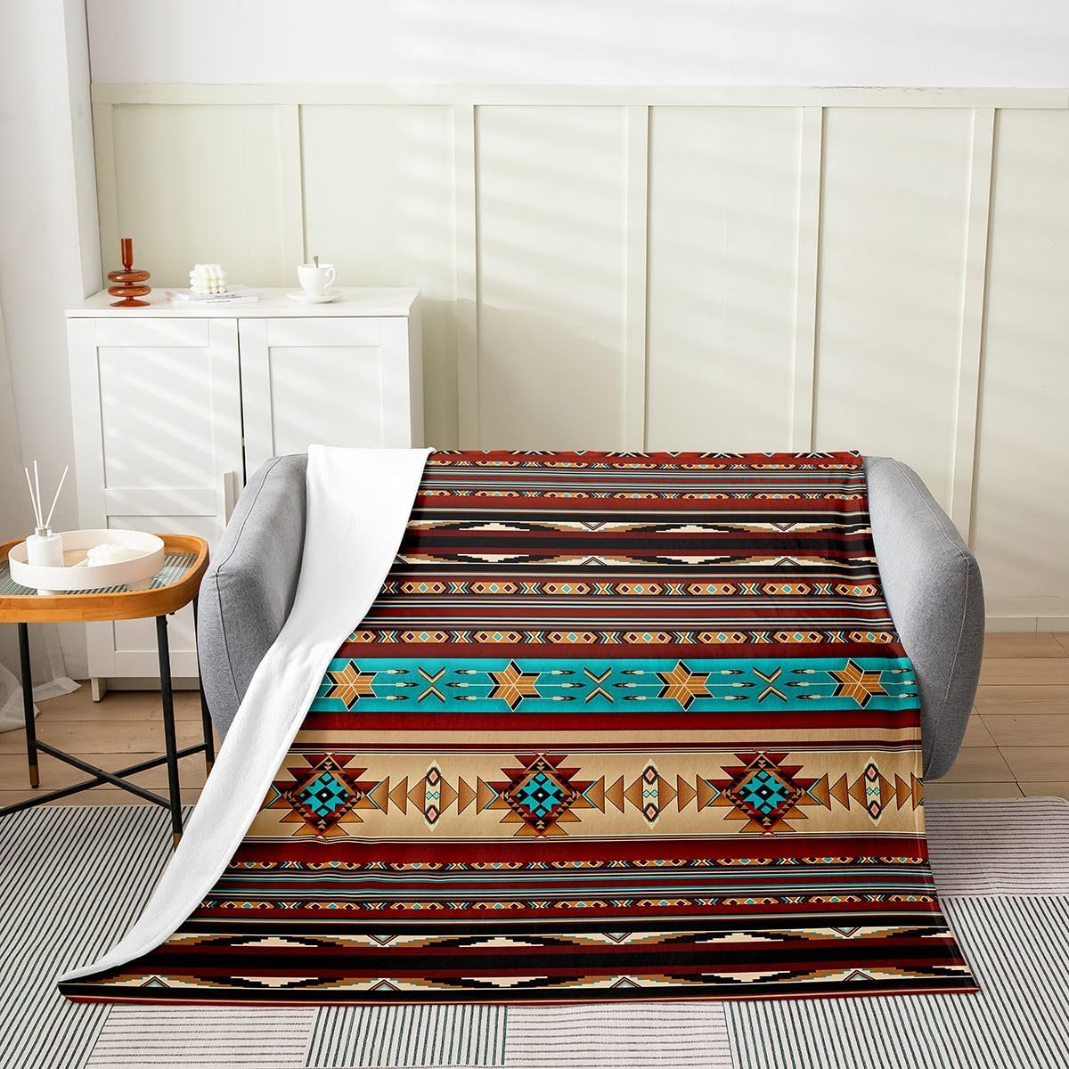 Aztec Throw Blanket Queen Size, Ethnic Tribal Arrow Flannel Fleece Blanket for Sofa Bed Couch, Southwestern Native Bohemian Sherpa Blanket, Western Star Fuzzy Blanket Geometric Bedroom Decor