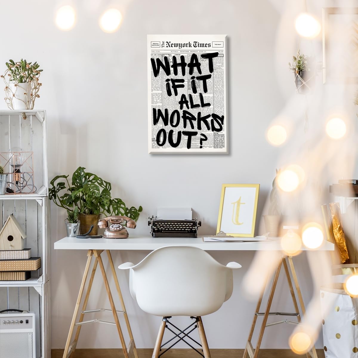 Retro Black and White Newspaper Wall Art What If It All Works Out Positive Quote Canvas Print Trendy Apartment Aesthetic Poster Preppy Affirmation Painting For Bathroom Decor 12x18inch Unframed
