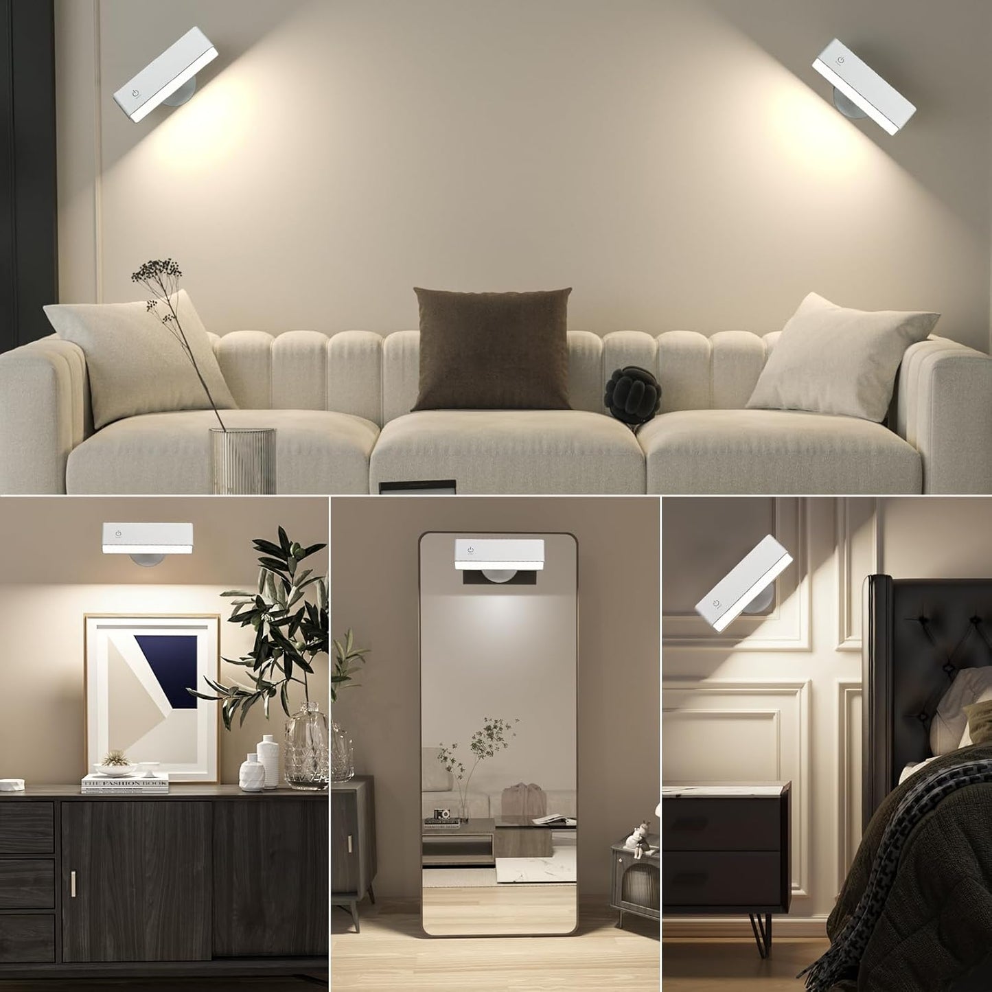 Honalia Rechargeable Wall Lights 2 Pack, Dimmable Cordless Wall Sconce with Magnetic 360° Rotation & Touch Control, Battery Powered Wall Mounted Lamp for Bedroom, Bedside Reading, Renters (No Wiring)