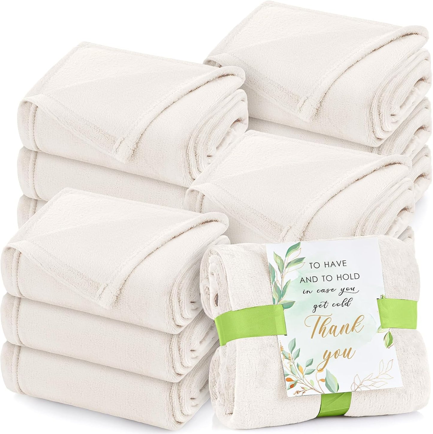 Buryeah 12 Pack Cream White Oeko-Tex Certified Bulk Wedding Blankets for Guests, 50 x 60 Inch Flannel Throw with Thank You Cards & Ribbon, Bulk Wedding Souvenir Gifts, Spa & Sleepover Party Favors