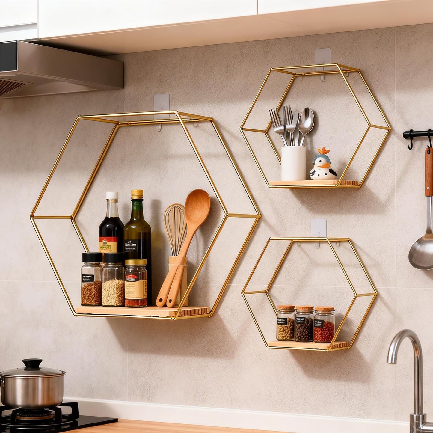 3 Pieces Hexagon Floating Shelves, Hexagon Wall Shelves, Gold Metal Wall Shelves with Wooden Panels – Modern Wall Decor for Bedroom, Living Room & Office Storage (Gold)