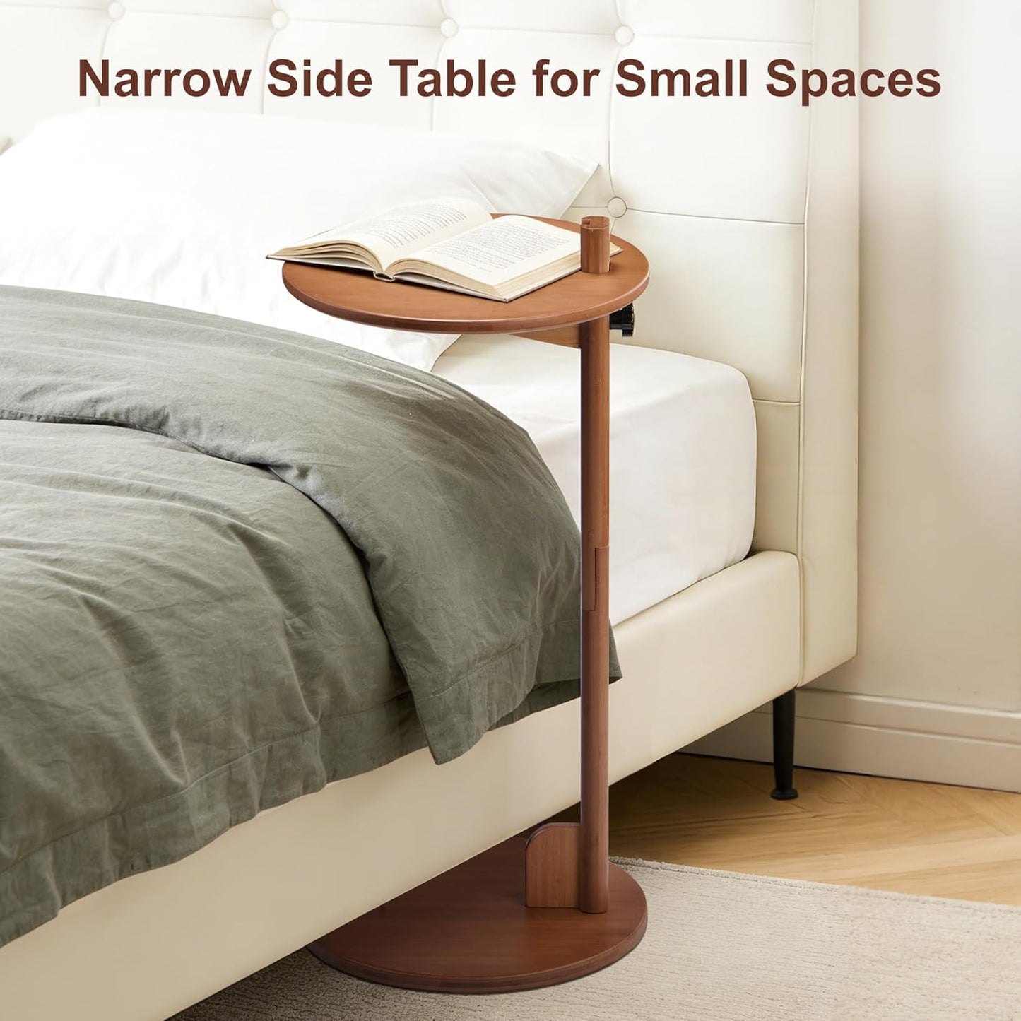 Bamboo C Shaped TV Tray Table, 18-26" Height Adjustable Round Side Table, Slide Under Couch End Table Laptop Desk for Small Spaces Living Room Bedroom (Walnut)
