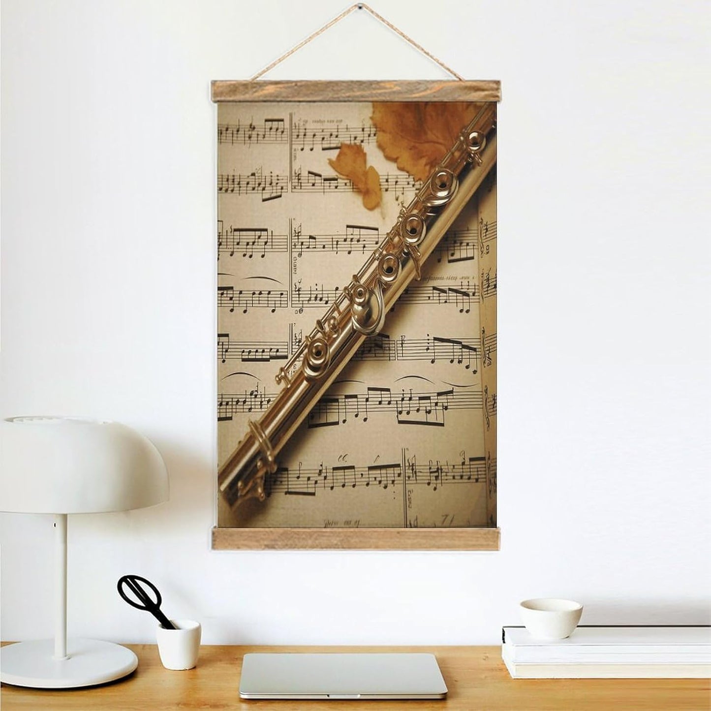 Vintage Flute Music Poster with Wooden Frame Personalized Linen Hanging Scroll Painting Rustic Wall Hanging Illustrative Modern Artwork Decor for Home Living Room Bedroom Office