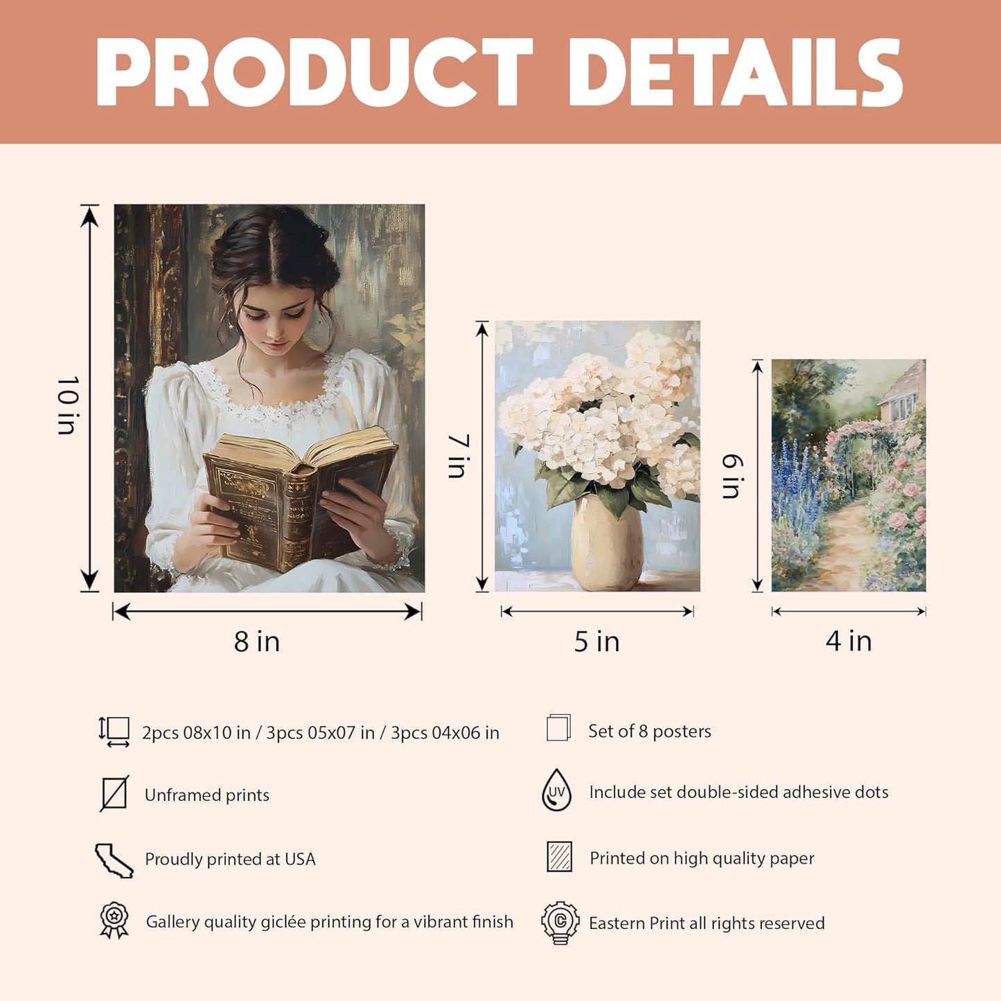Eastern Print Victorian Wall Art Set of 8 PCS, Vintage Prints for Gallery Wall Decor, French Country Cottagecore Style, Swan, Floral, Classical Woman Reading Artwork for Bedroom, Living Room, Unframed