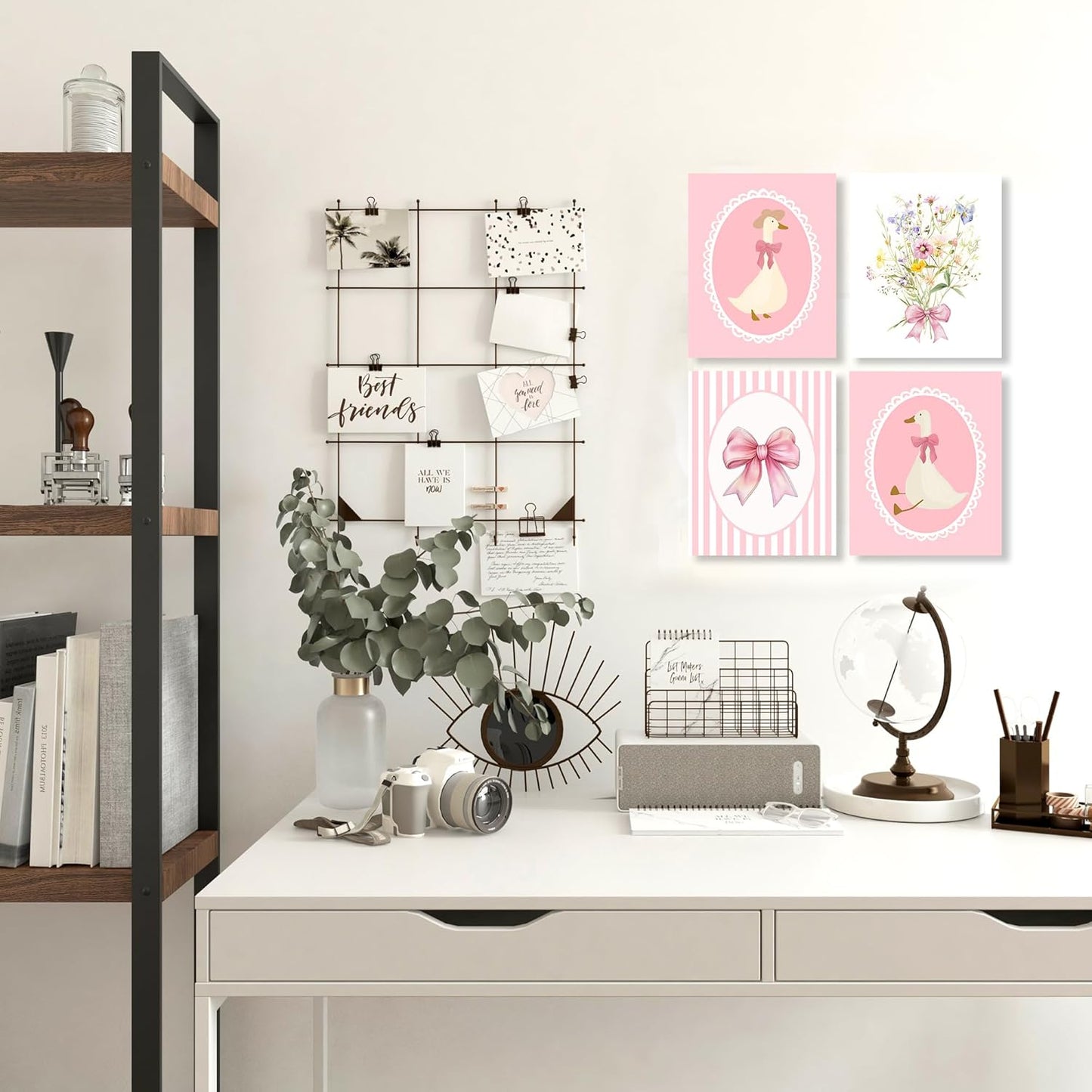 LUKIPOM Coquette Pink Nursery Wall Art Posters Set of 4, Girls Room Bedroom Nursery Dorm Decor, Preppy Pink Bow Goose Wildflower Girly Canvas Prints Artwork Wall Decor, 8x10 Unframed