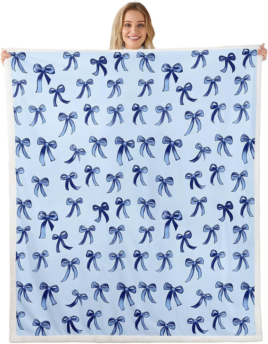 Erosebridal Bowknot Blanket Twin Size, Kawaii Simple Bows Microfiber Cozy Throw Blanket, Cute Cartoon Dreamy Printed Kids Teens Fleece Blanket for Sofa Bed, Baby Blue Ribbon Fluffy Sherpa Blanket