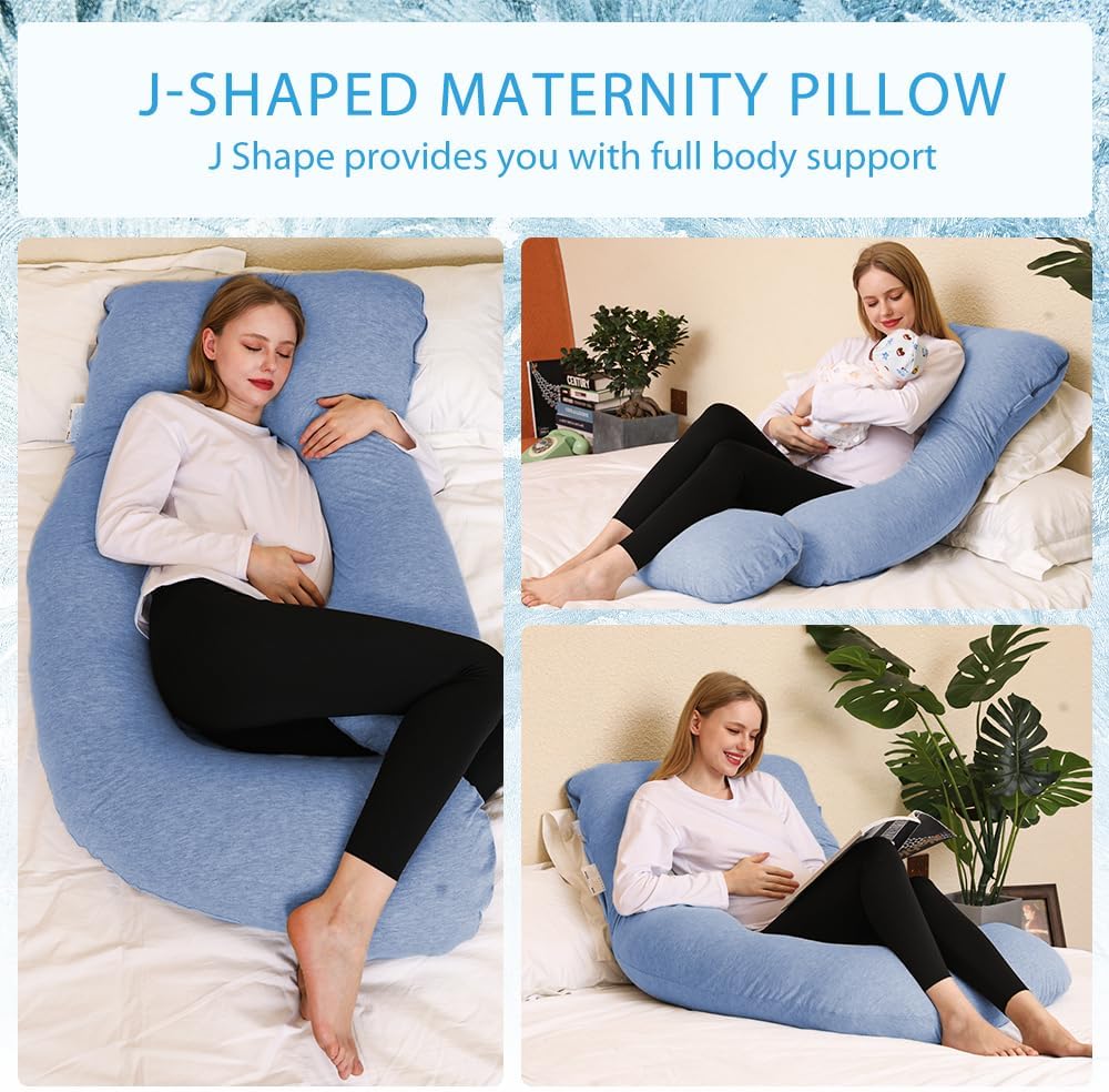 Chilling Home Pregnancy Pillow, U Shaped Pregnancy Pillows for Sleeping Full Body Pillow Maternity Pillow for Pregnant Women 58 inch, Pregnant Women Must Have with Removable Cover, Blue-Jersey