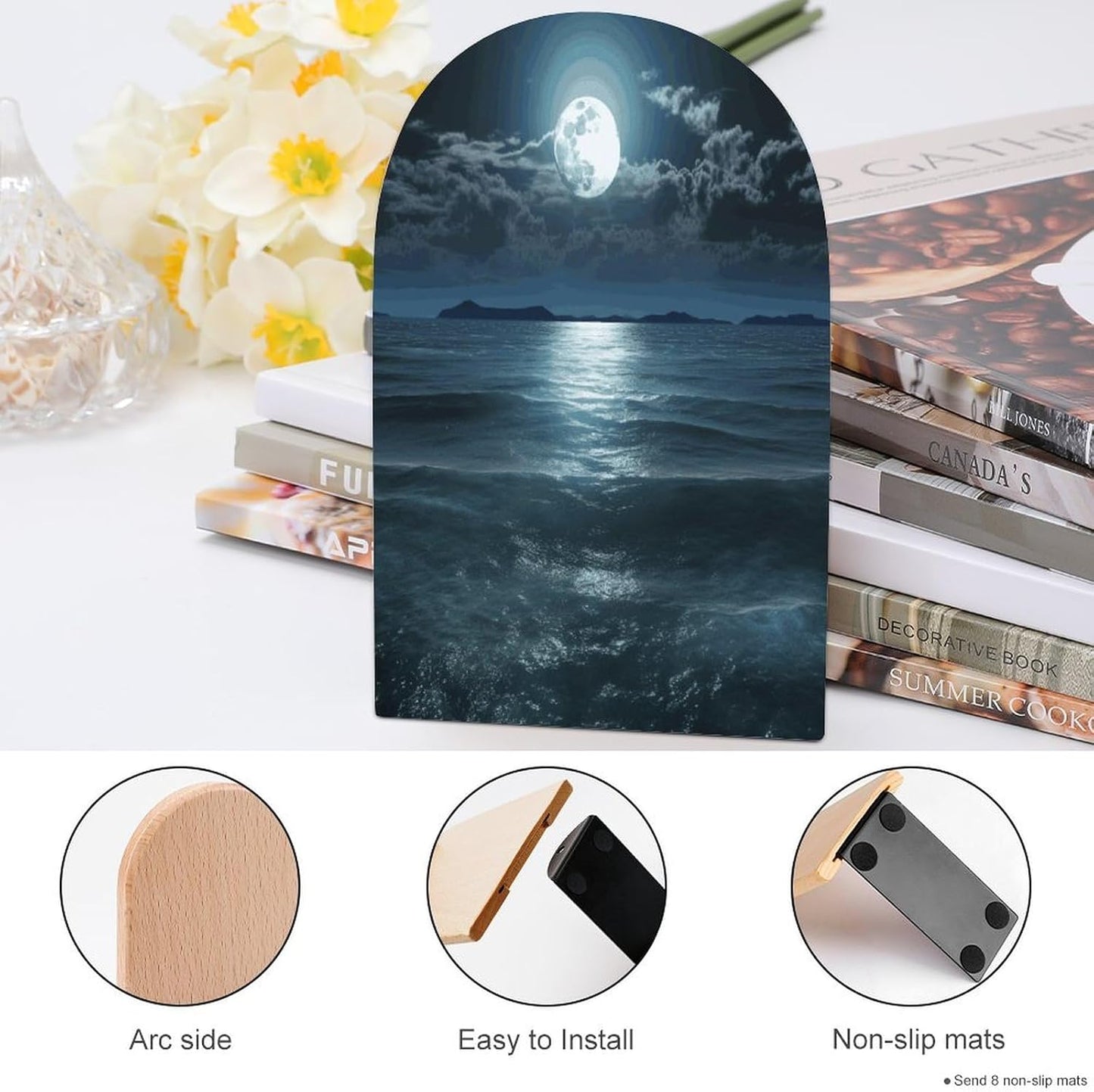 Moon and Sea Bookend for Shelves Wooden Book End Large Size Sturdy Book Holders Stoppers with Metal Base for Bookshelves Slick Decorative Bookends Stands