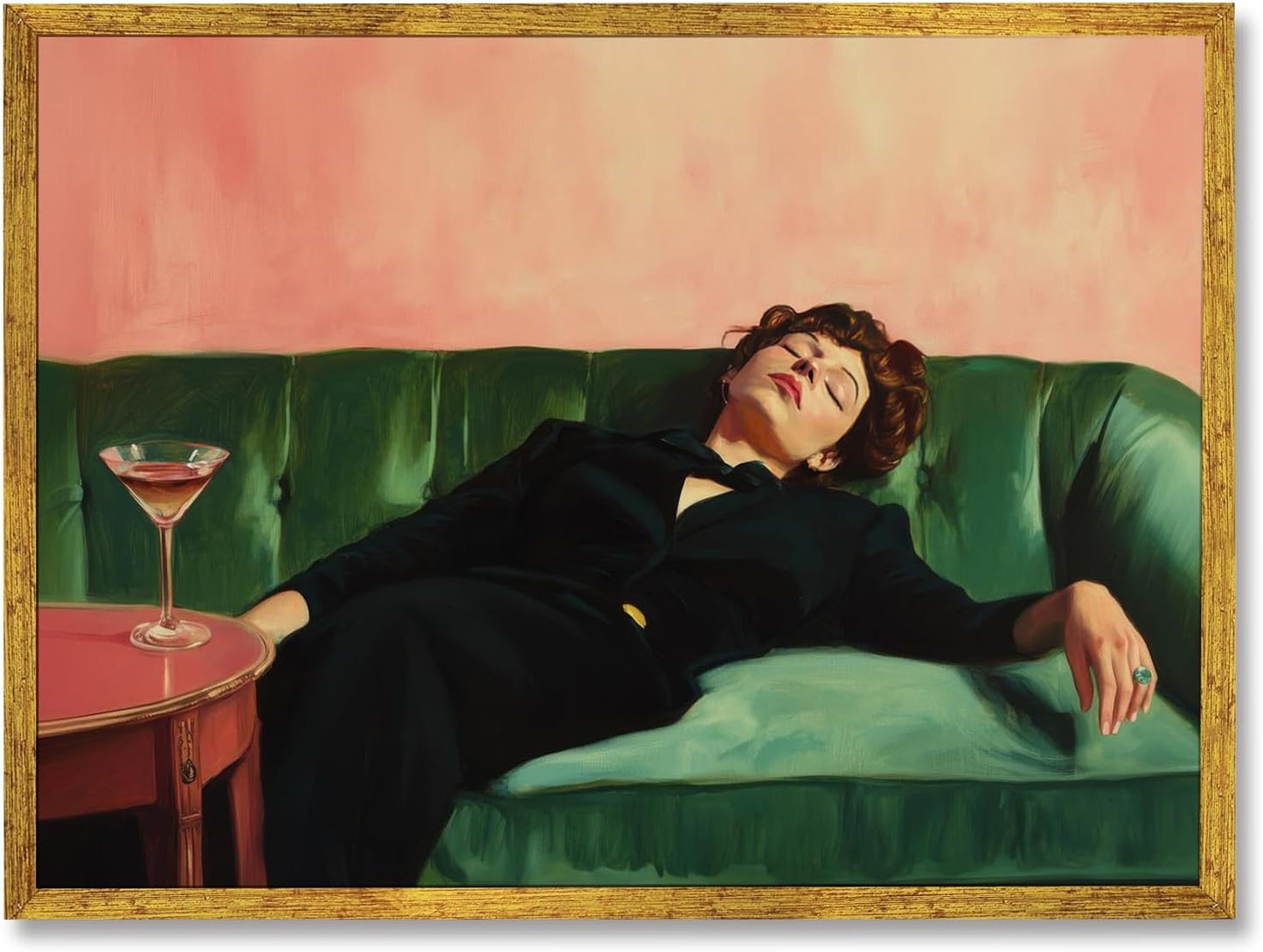 Woman Drinking Glass of Martini Wall Art Print Woman Sitting on The Green Sofa Painting Pictures Retro Female Portrait Poster Trendy Cocktail Alcohol Artwork for Kitchen Bar 8x12inch Golden frame