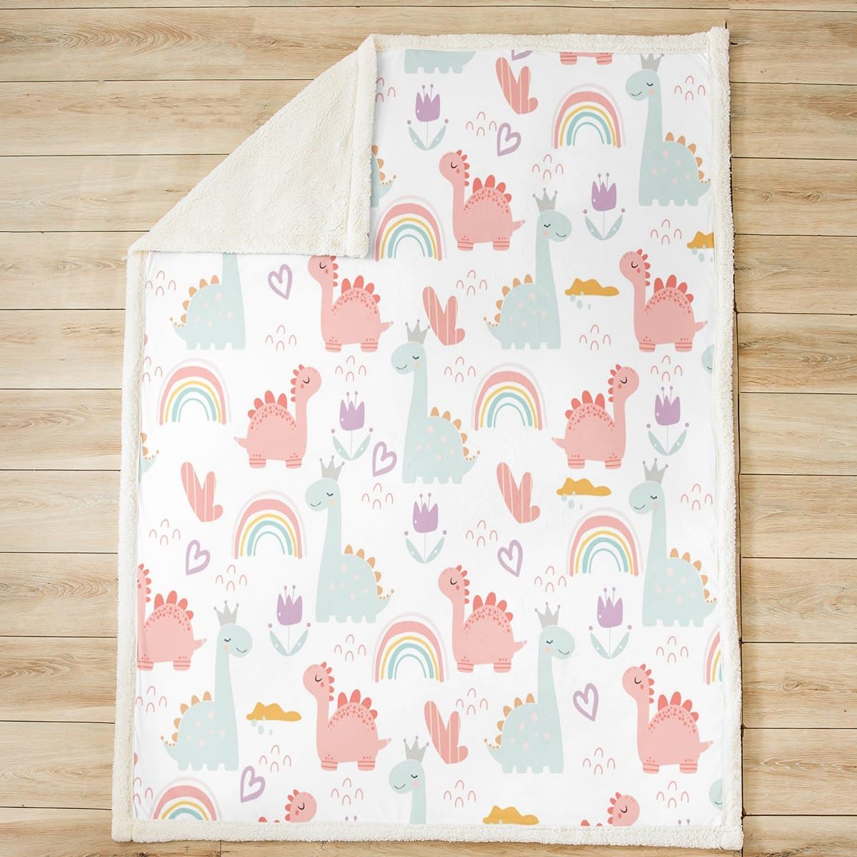 Cartoon Dino Fleece Throw Blanket Pink Green Dinosaur Sherpa Blanket Cute Jungle Dino Sherpa Blanket for Kids Boys Girls Cute Rainbow Fuzzy Blanket Twin 60"x80"