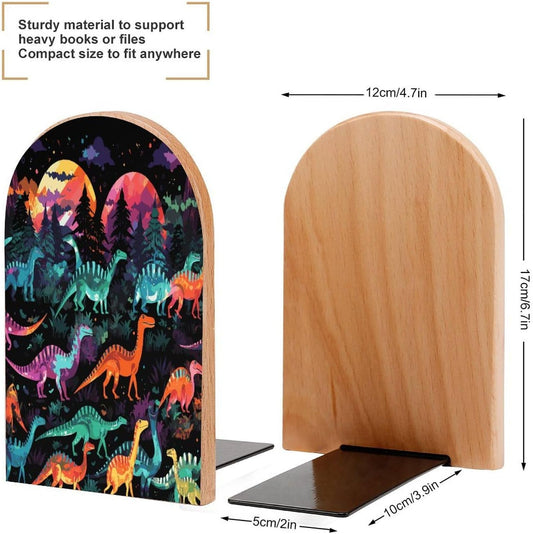 Non-Slip Bookend for Shelves Colorful Dinosaurs on Black Background Wooden Bookends with Metal Base Decorative Book Stopper for Home Heavy Duty Wood Book Storage for Books/CDs