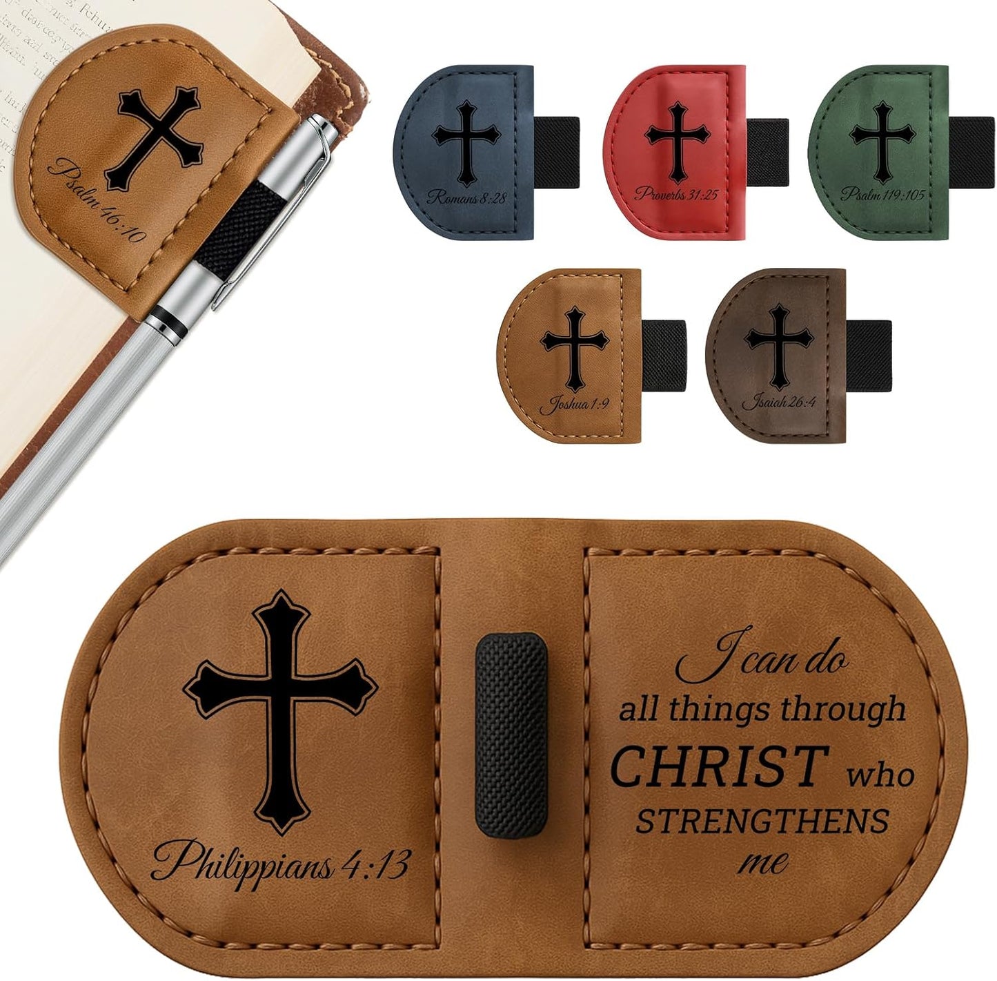 Bygone Mark Personalized Magnetic Leather Bookmark with Pen Holder - Inspirational Bible Verse Scripture Design, Custom Book Marker for Book Lovers Men Women (Brown-Philippians 4:13)