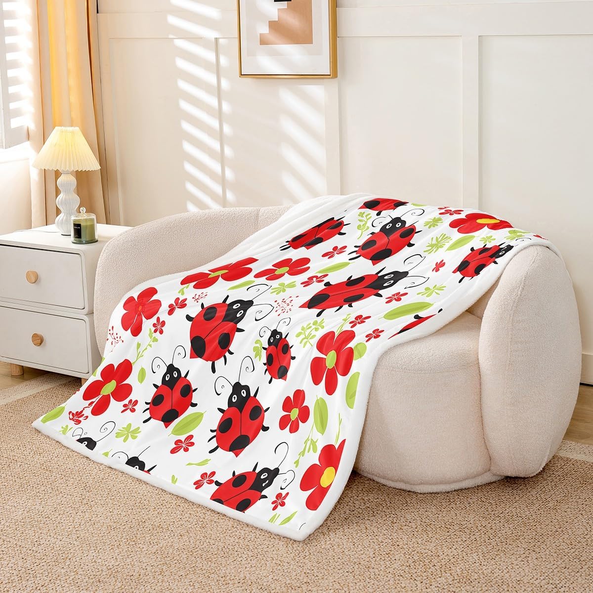Feelyou Ladybug Fleece Throw Blanket Botanical Floral Floral Printed Sherpa Blanket for Kids Boys Girls Flying s Plush Blanket Cartoon Animal Decor for Sofa Bed Couch,Baby 30x40 Inch
