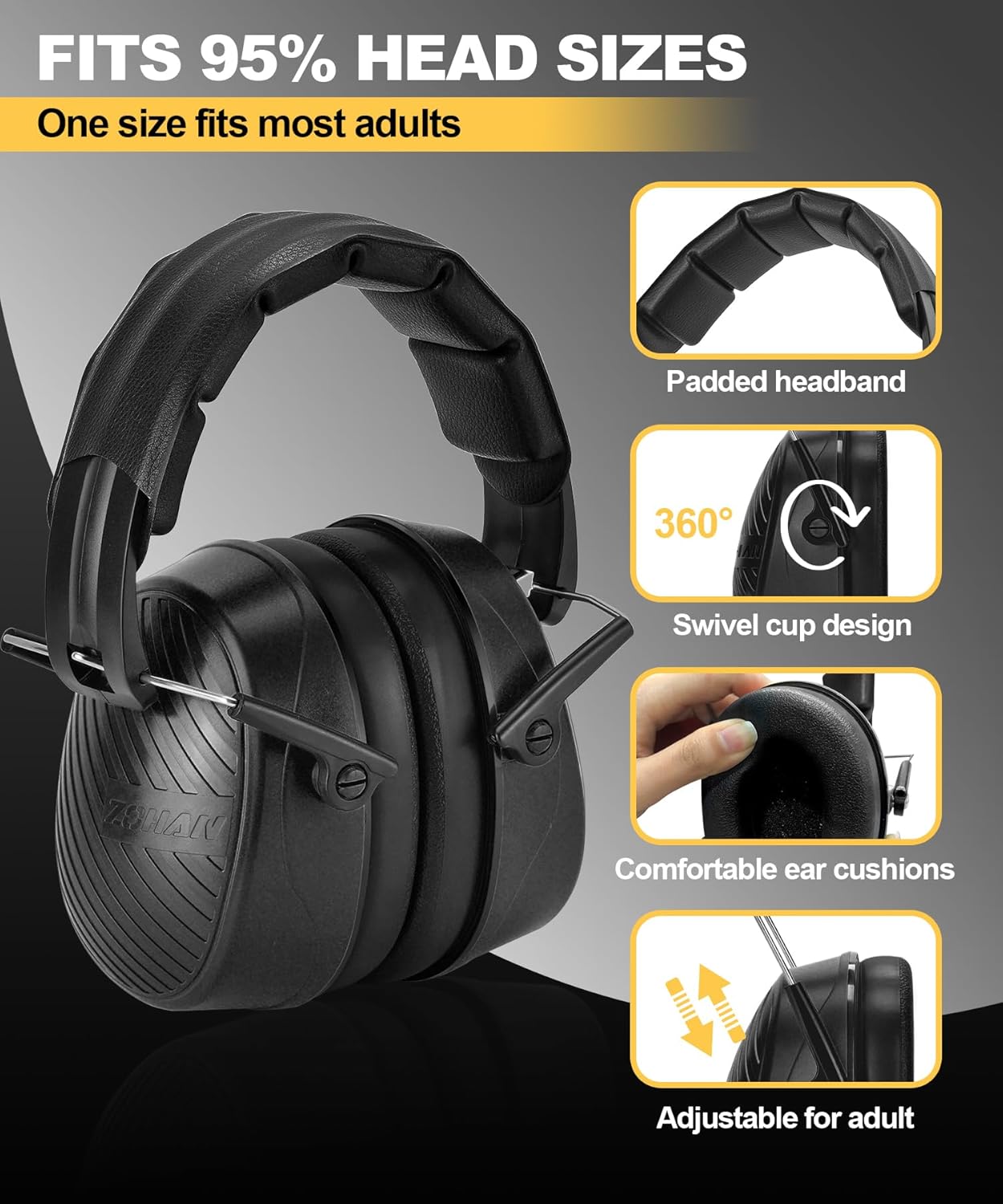 ZOHAN 019 Noise Cancelling Headphones for Adult - NRR 28dB Hearing Protection for Working, Shooting, Mowing, Autism
