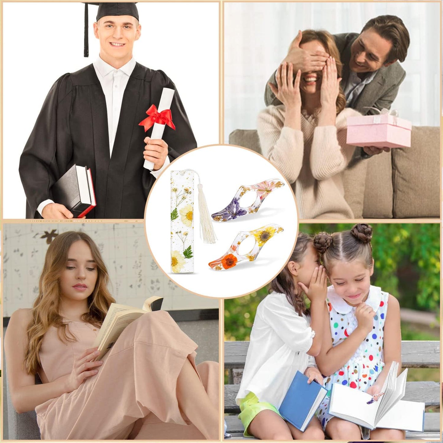 Book Lover Gifts, 2 Pcs Thumb Book Page Holder Dried Flower Resin Book Page Holder and 1 Pcs Bookmark with Tassel, Gifts for Book Lovers, Women, Kids