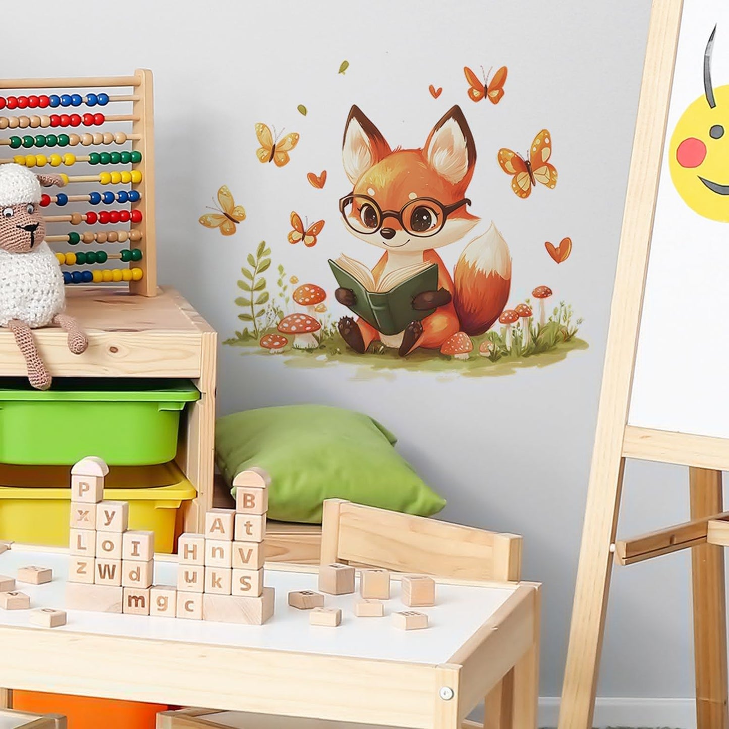 Woodland Fox Reading Wall Decal, Kids Room Nursery Decor with Butterflies and Mushrooms, 11.8 x 23.6 inches