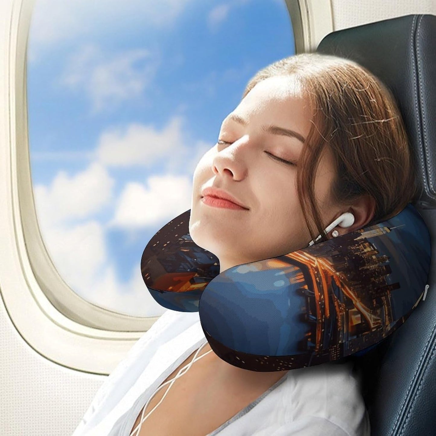 New York City Scenery Neck Pillow Memory Foam U Shaped Pillows Portable Pillows for Shoulder Travel Head Support Pillow with Concealed Zipper for Airplane Car Home Office
