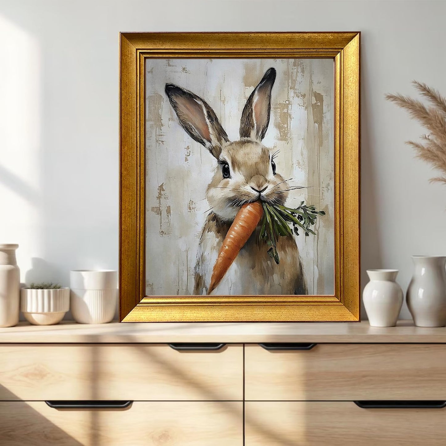 Cute Easter Bunny Reading Book Oil Painting Vintage Gold Framed Wall Art Tiny Rabbig Big Glasses Canvas Print Spring Nursery Decor for Kids Room Study Room Bedroom
