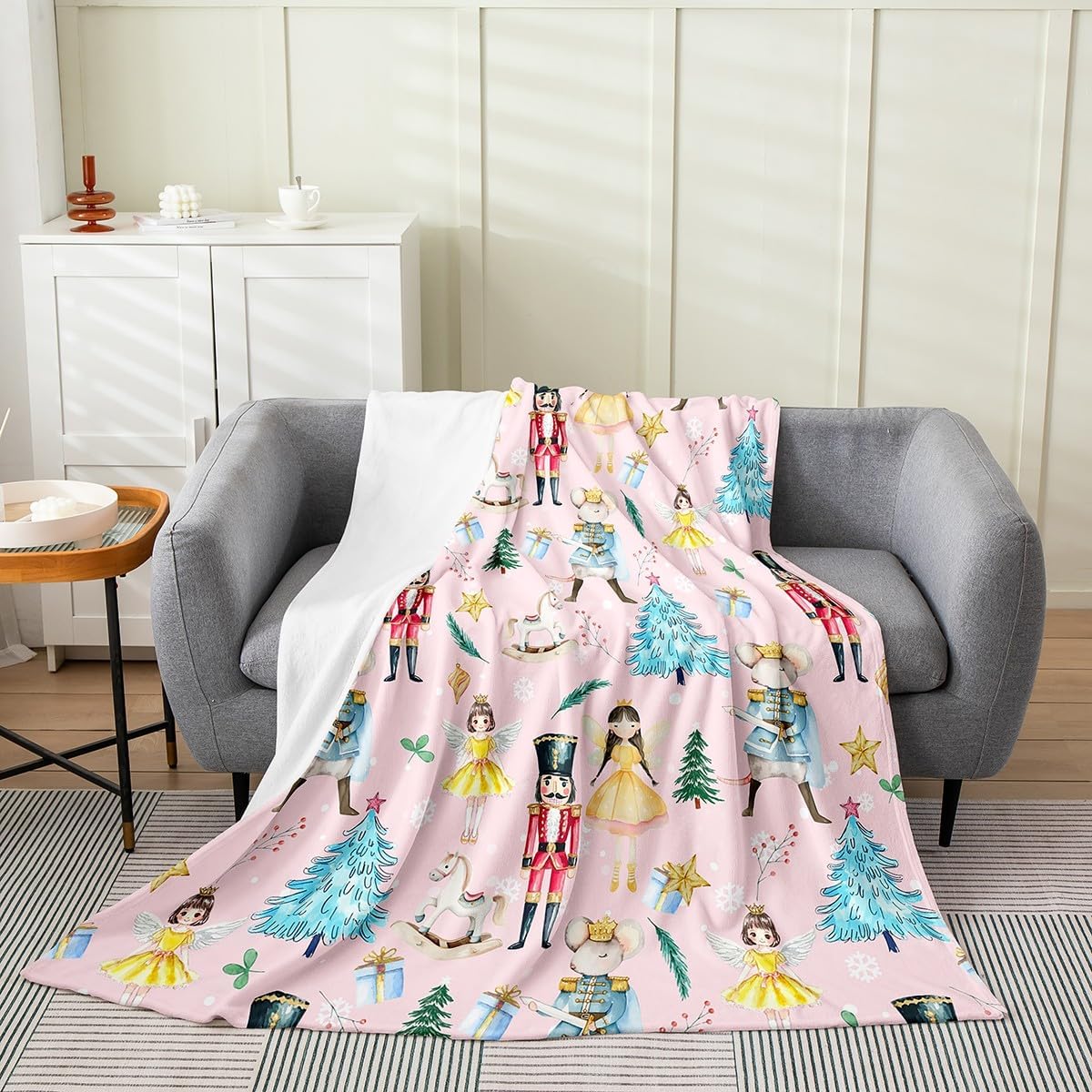 Erosebridal Pink Christmas Flannel Blanket Queen 90x90 Kids Christmas Nutcracker Fleece Blanket Dreamy Ballet Girl Princess Fuzzy Plush Throw Carousel Xmas Tree Decor Xmas Reversible