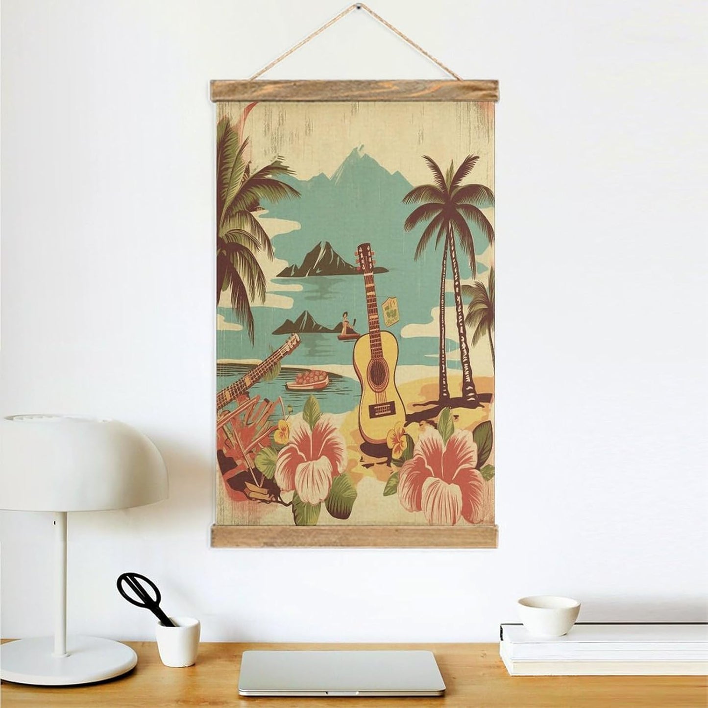 Vintage Vintage Hawaii Poster with Wooden Frame Personalized Linen Hanging Scroll Painting Rustic Wall Hanging Illustrative Modern Artwork Decor for Home Living Room Bedroom Office