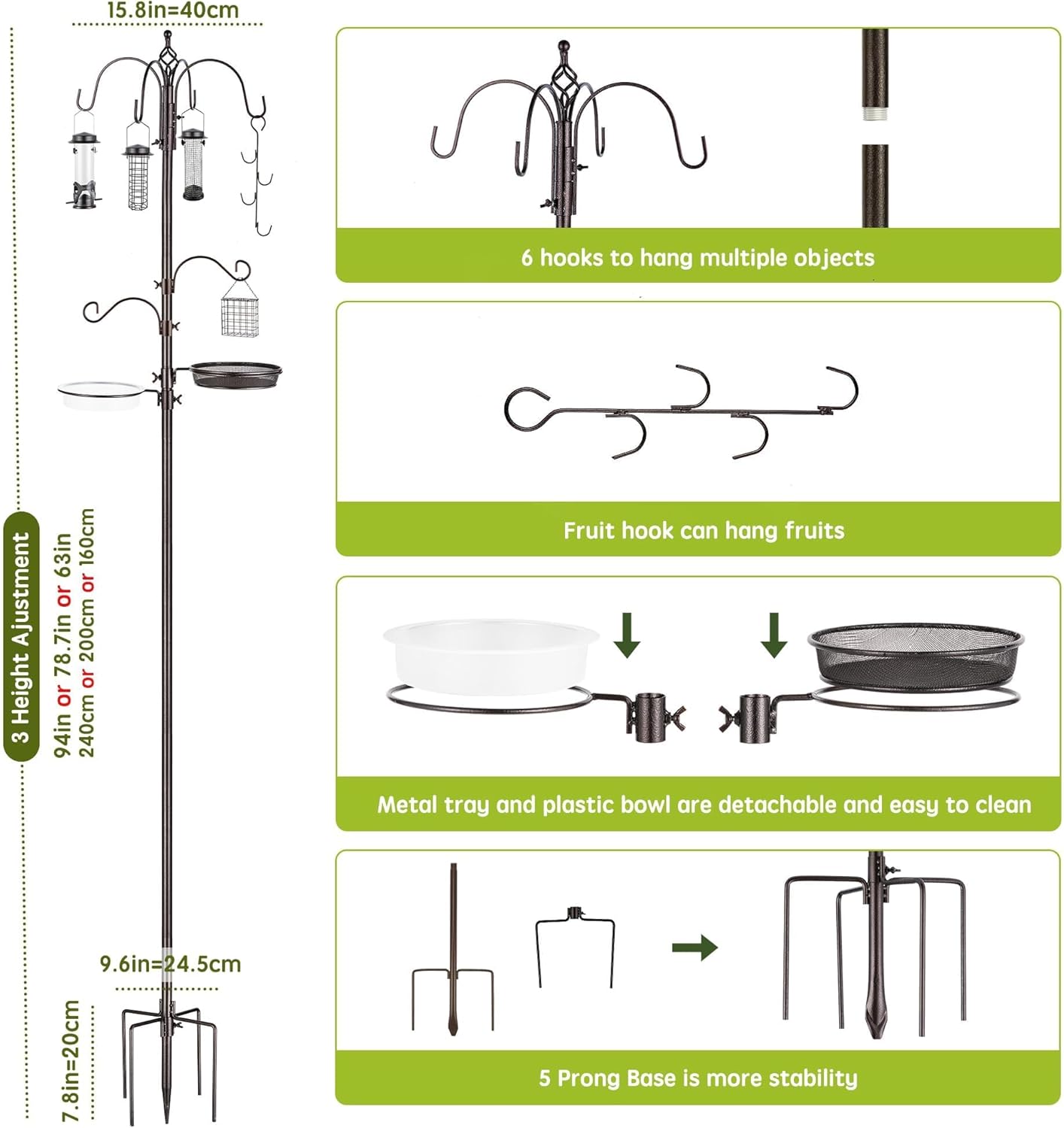Bird Feeder Station with Suet Cage & Water Bowl Fruit Hook- Adjustable Pole, 6 Hanging Hooks for Wild Birds, Outdoor Garden Bird Feeding Kit