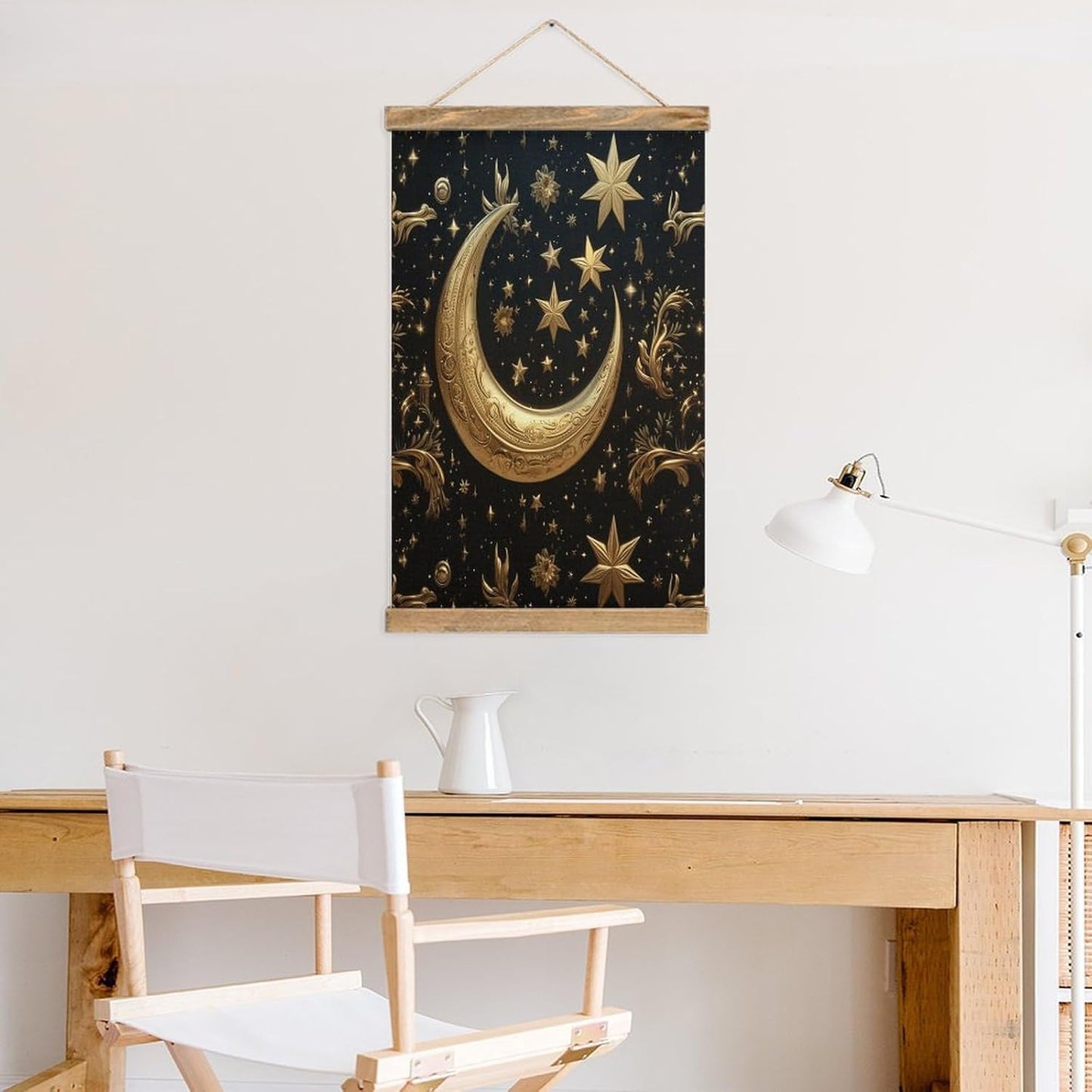 Vintage Golden Stars And Moon Poster with Wooden Frame Personalized Linen Hanging Scroll Painting Rustic Wall Hanging Illustrative Modern Artwork Decor for Home Living Room Bedroom Office