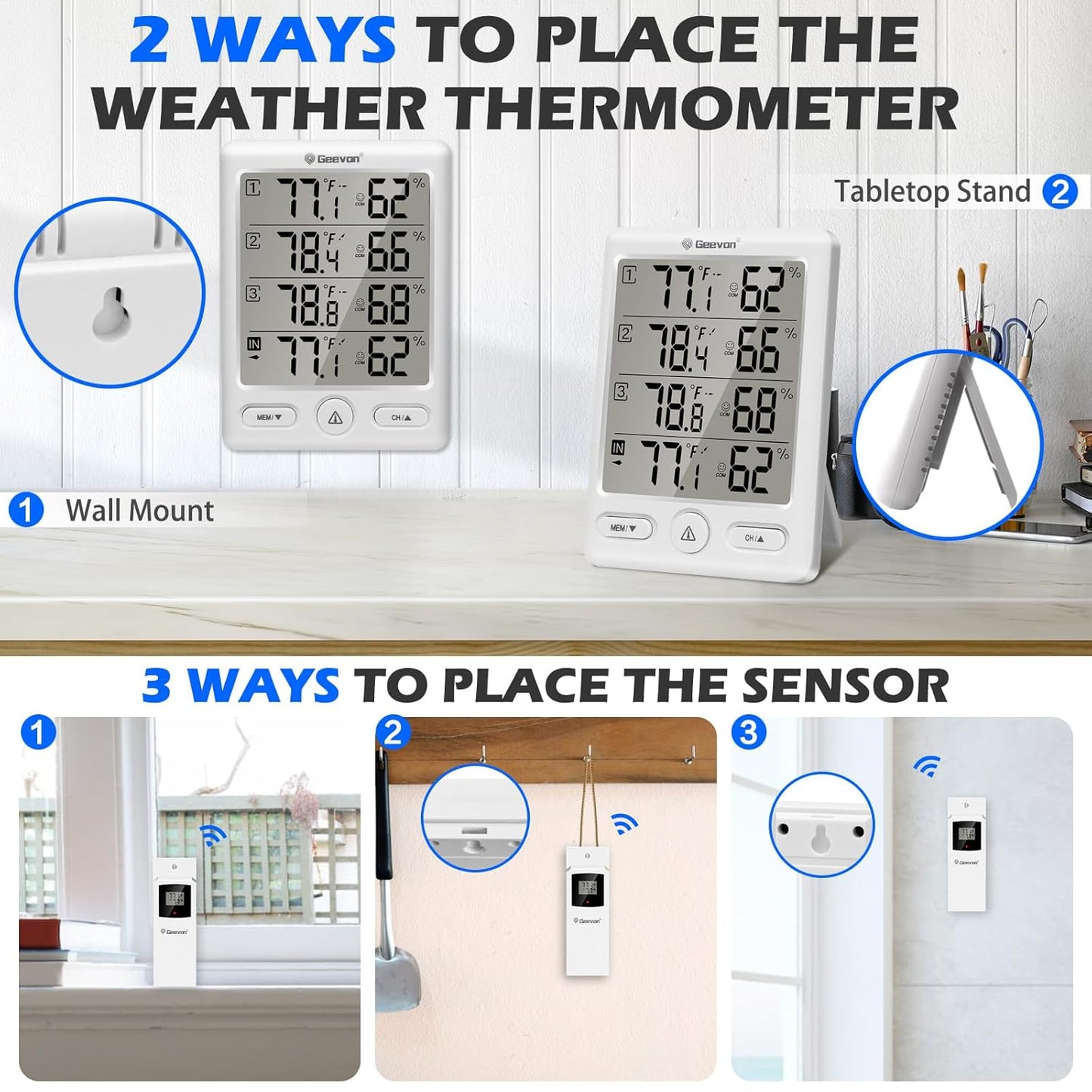 Geevon Indoor Outdoor Thermometer Wireless with 3 Remote Sensors, Temperature Humidity Monitor for Home with Comfort Indicator, Temp Alarm, Digital Hygrometer Thermometer Battery Powered