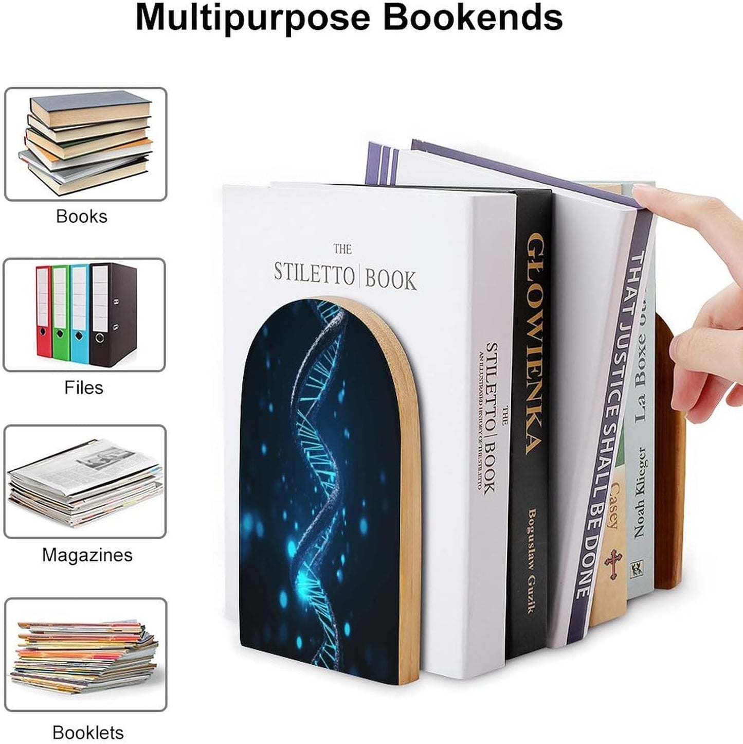 Blue DNA Structure Bookend for Shelves Wooden Book End Large Size Sturdy Book Holders Stoppers with Metal Base for Bookshelves Slick Decorative Bookends Stands