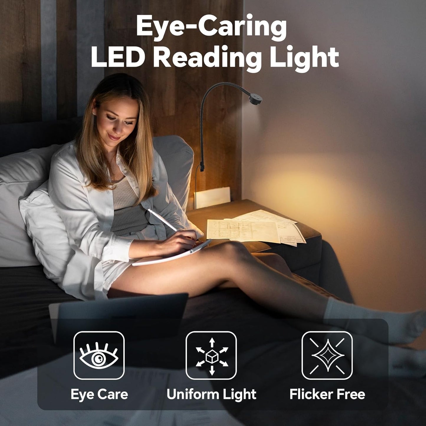 Wall/Headboard Mounted Reading Light, Minimalist Bedside LED Reading Lamp, CRI 95+ Dimmable Book Light, Dual Switches (Brightness & 3 Color Temp), 300° Rotatable Head, USB-C Powered