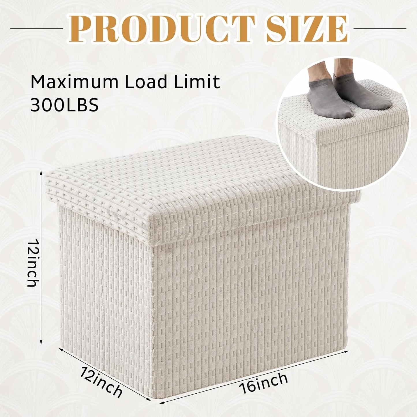 Thyle Storage Ottoman with Lid, Foldable Foot Rest Stool with Hidden Storage, Corduroy Ottoman for Living Room Bedroom Dorm Under Desk, 16x12x12 Inch(Beige)