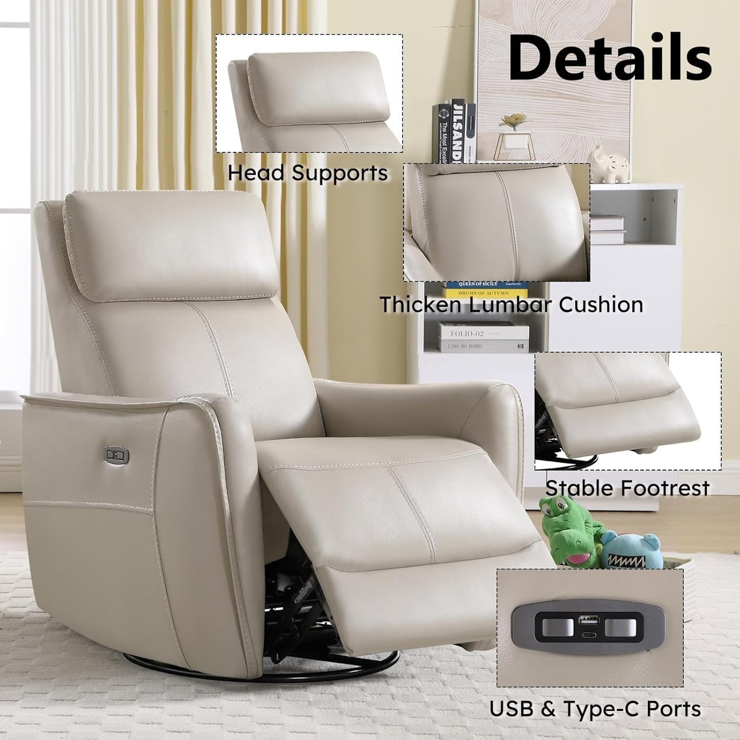 Power Swivel Glider Rocker Recliner Chair for Nursery, Breathable Leather Electric Reclining Chair with USB Port, Upholstered Rocking Chair for Living Room