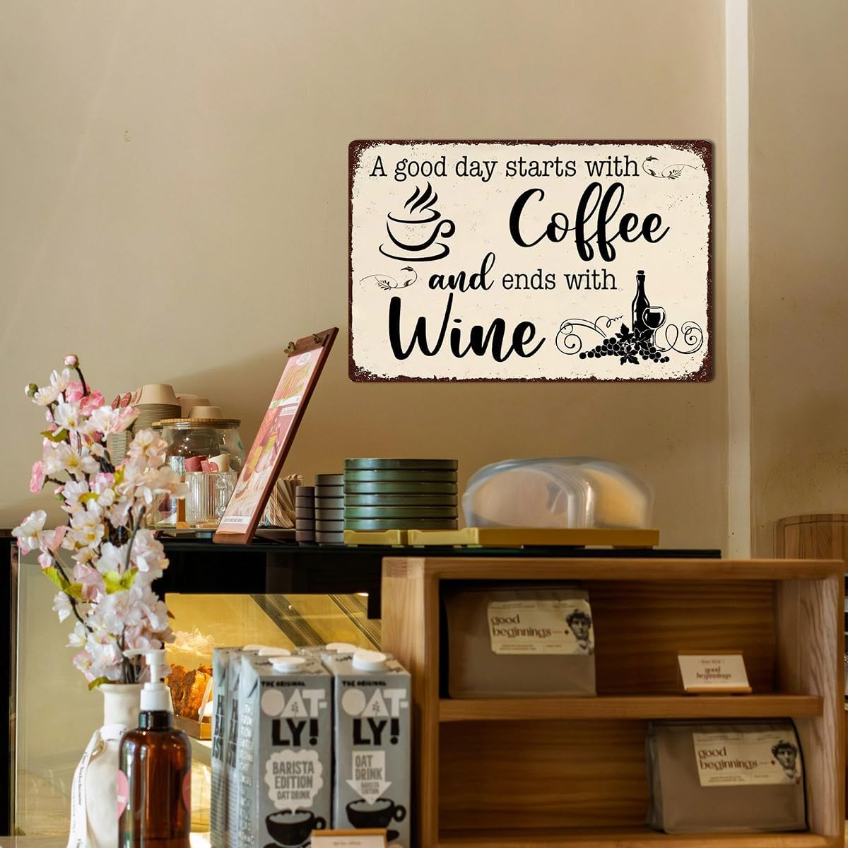 A Good Day Starts with Coffee and Ends with Wine Metal Tin Sign – 8x12 Inch Vintage Kitchen Wall Decor, Funny Rustic Sign for Home Café, Wine Area, Coffee Station