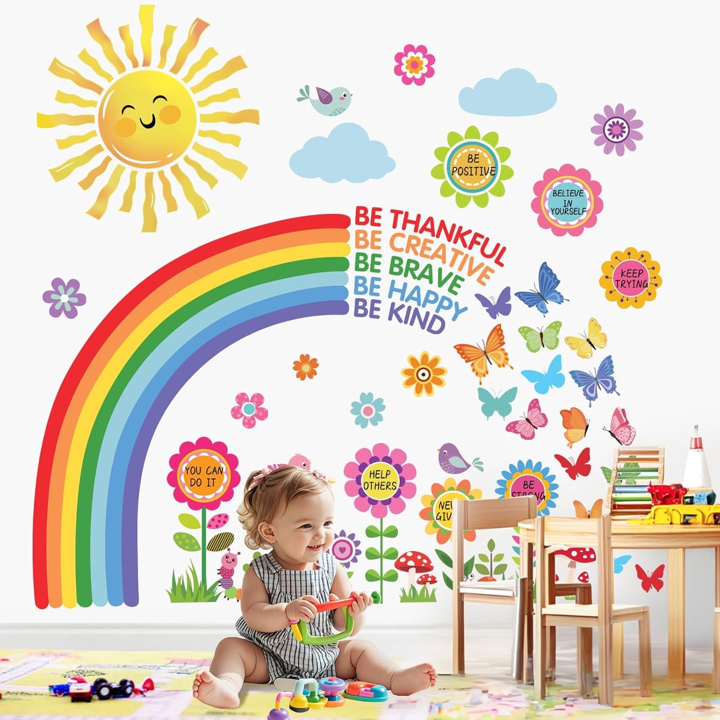 decalmile Rainbow Flower Sun Wall Stickers Reading Corner Inspirational Quotes Wall Decals Kids Playroom School Library Classroom Wall Decor